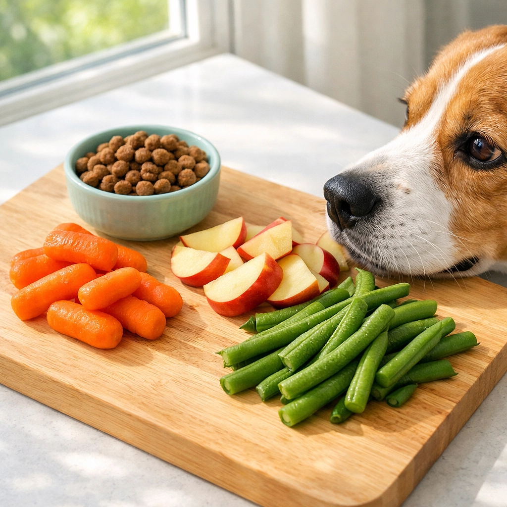 Is Your Pet's Weight Cutting Their Life Short? Simple Steps to Help Your Dog or Cat Reach a Healthy Goal Healthy low-calorie pet treat alternatives like carrots and green beans with a curious beagle