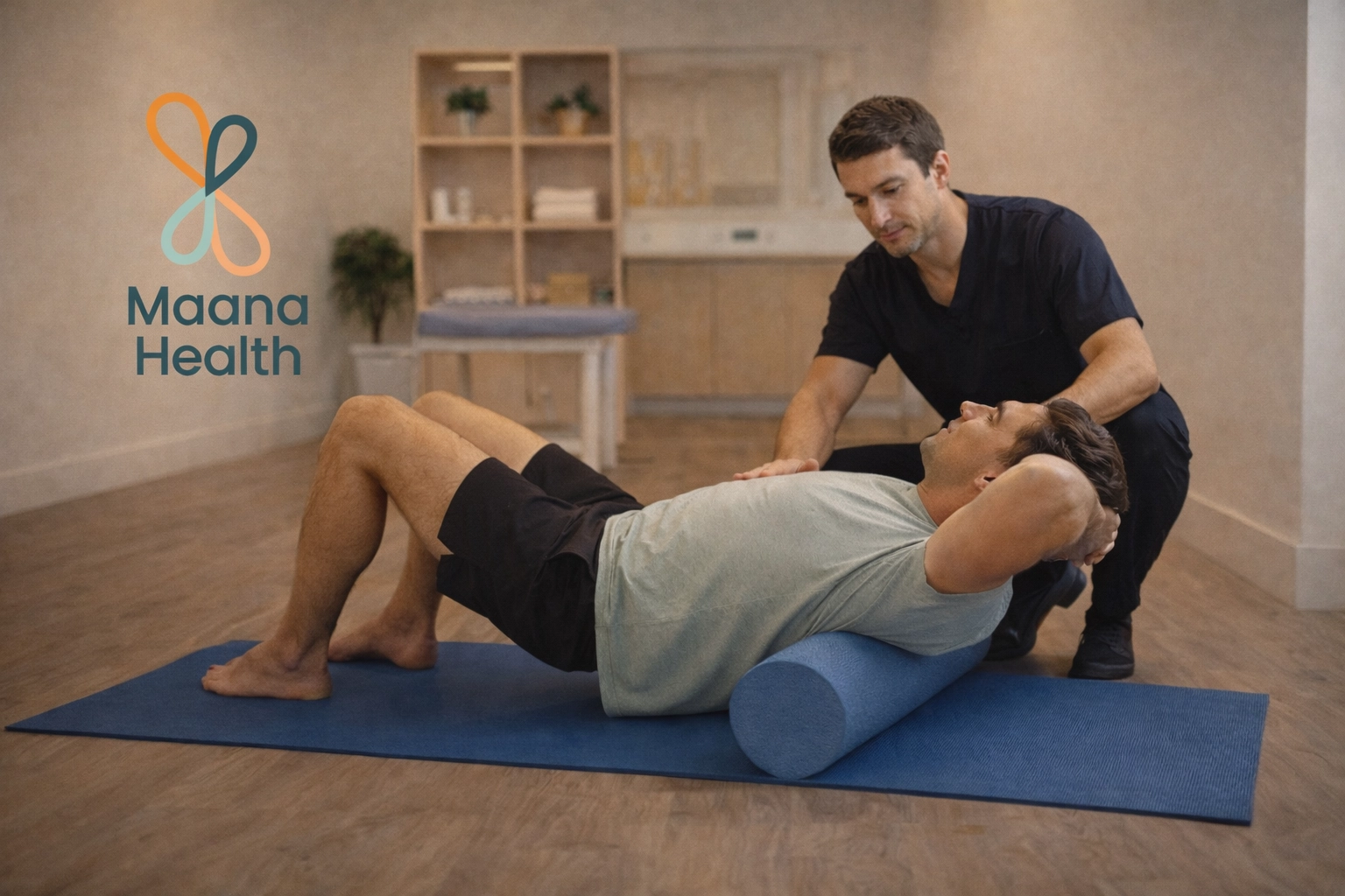 A patient uses a foam roller under therapist supervision in a Maana Health rehabilitation room