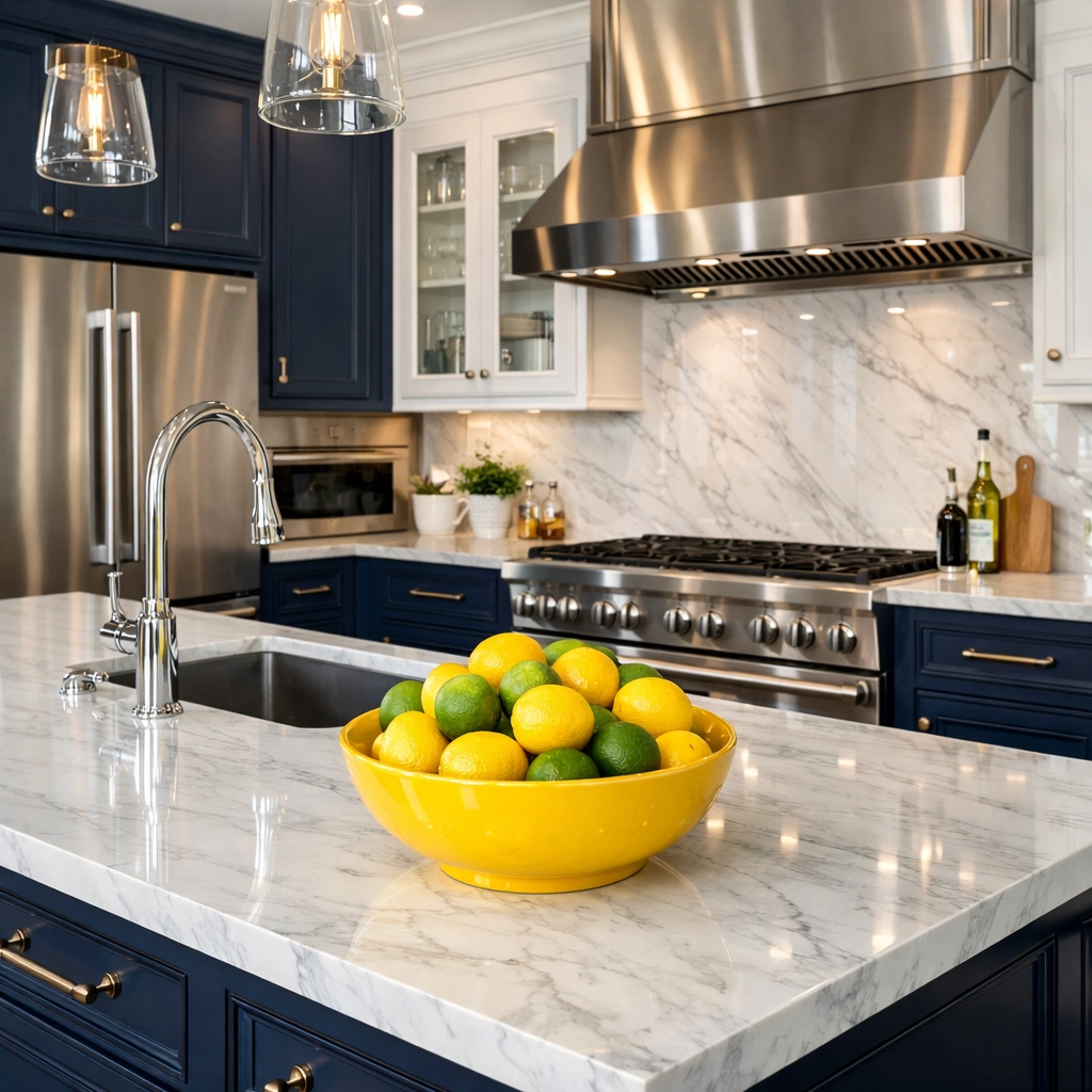 Gleaming luxury kitchen with white marble counters cleaned by professional house cleaning experts in Ashby MA.