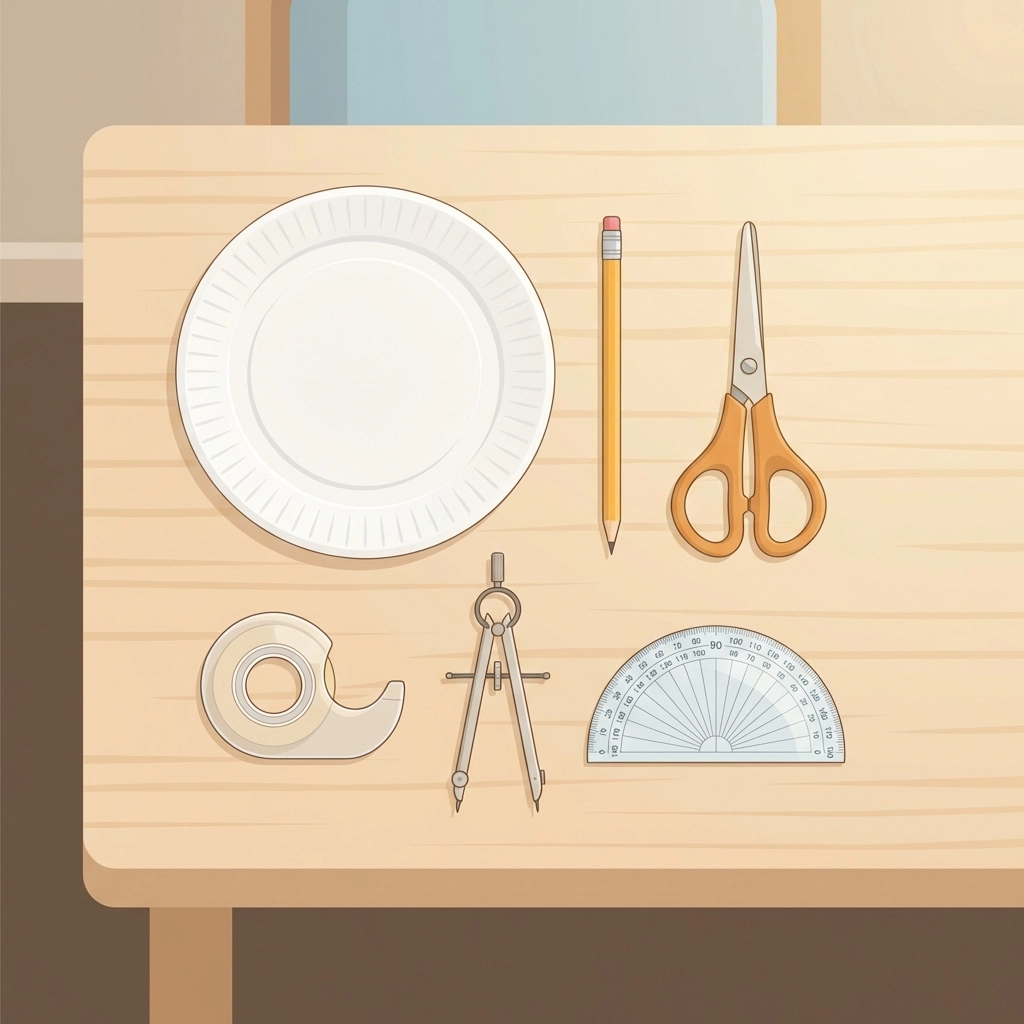 Essential paper sundial making supplies including a paper plate, pencil, tape, compass, and protractor arranged on a table
