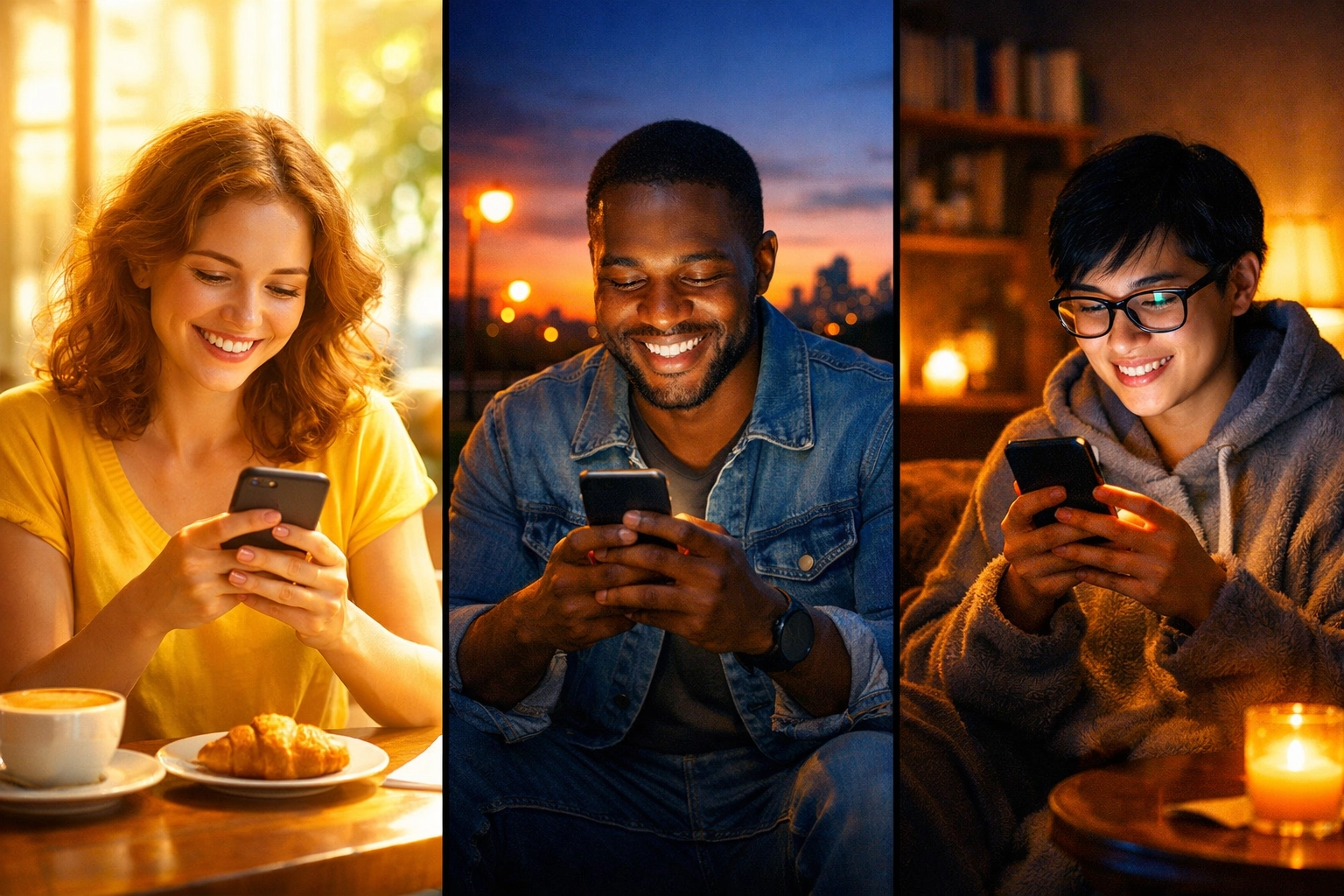 Three people in different time zones using WhatsApp for 24/7 instant customer support.