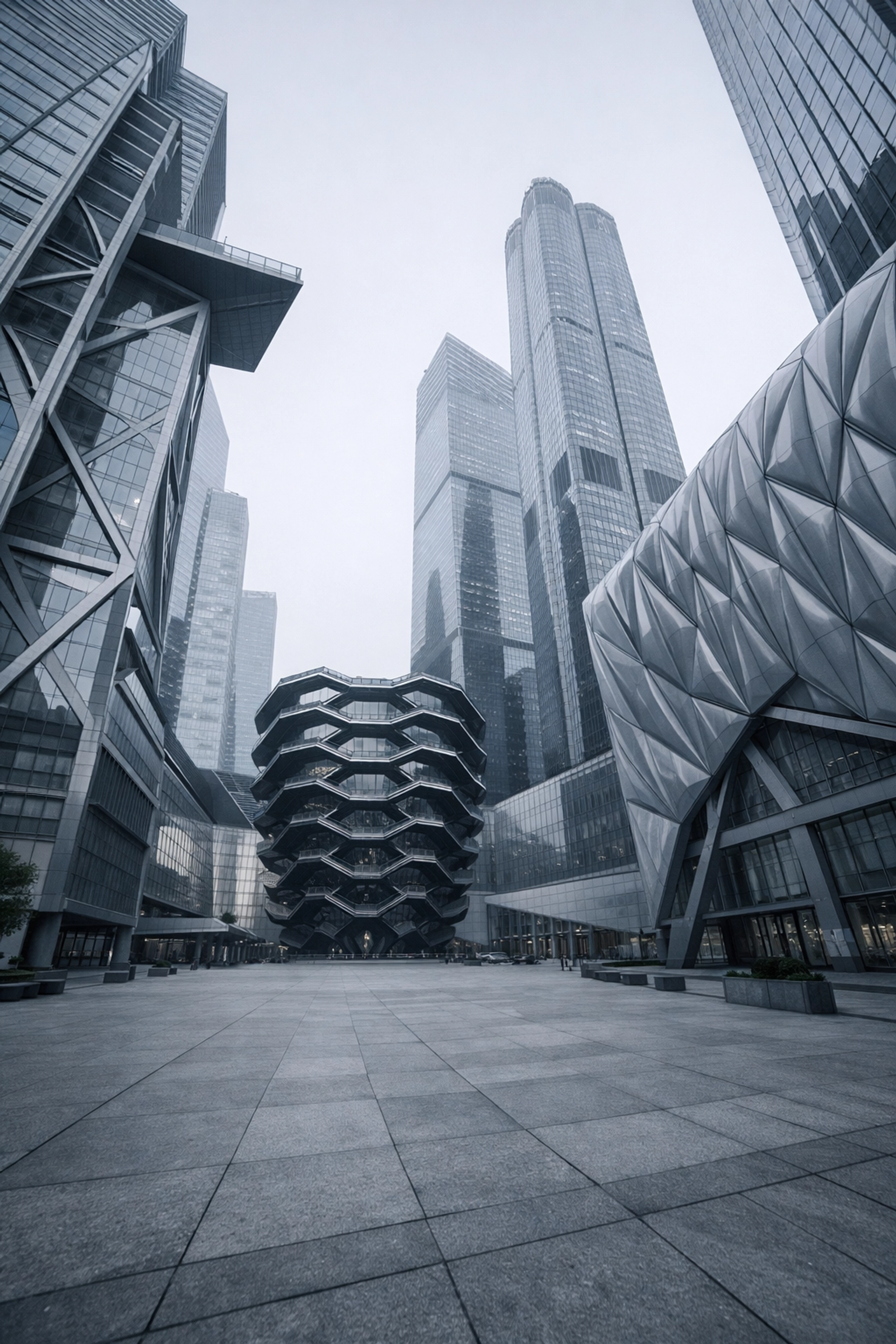 The modern steel and glass architecture of Hudson Yards at dawn representing stabilized tech markets.