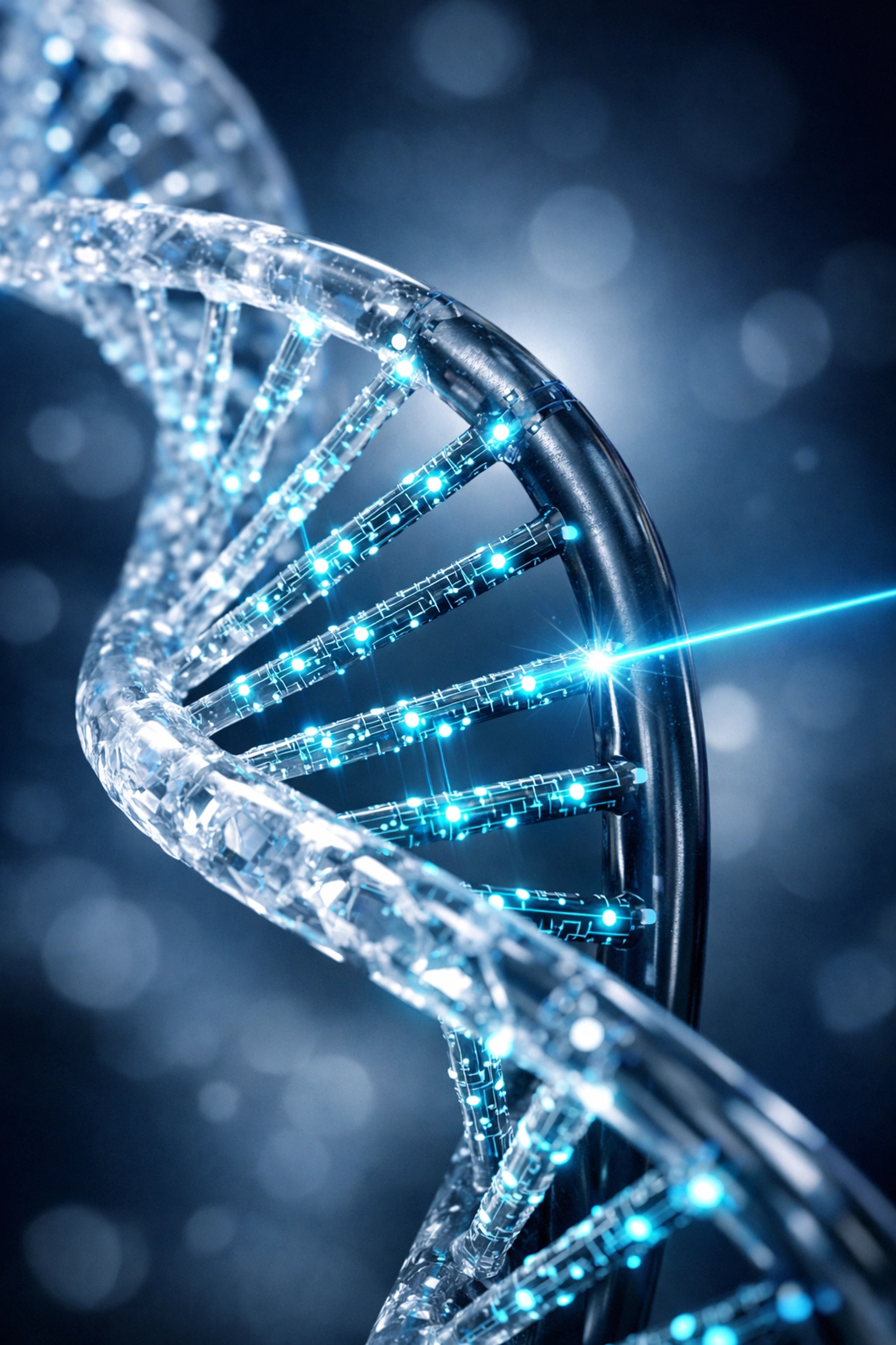 Digital DNA helix being scanned to measure biological age and epigenetic clock data.