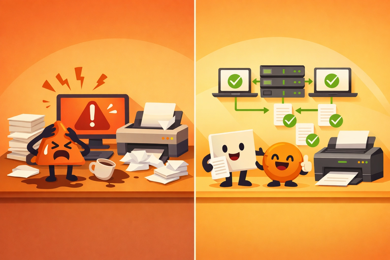 Comparison of inefficient single-job printing versus streamlined batch processing workflow