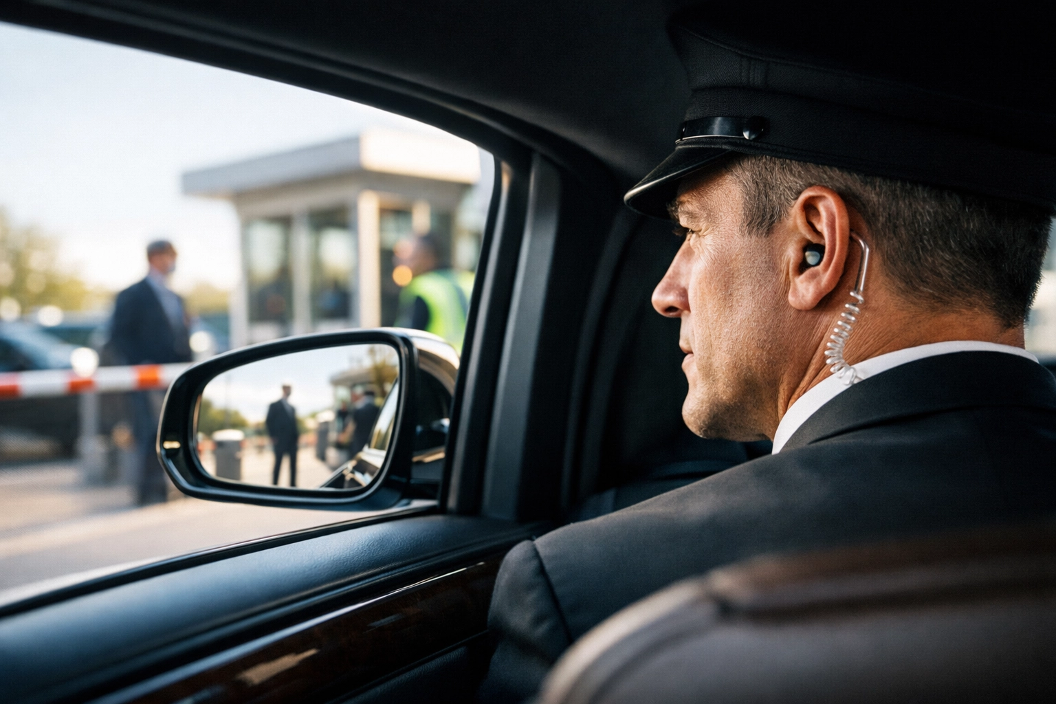 Professional chauffeur driving a secure executive vehicle through an event security checkpoint.