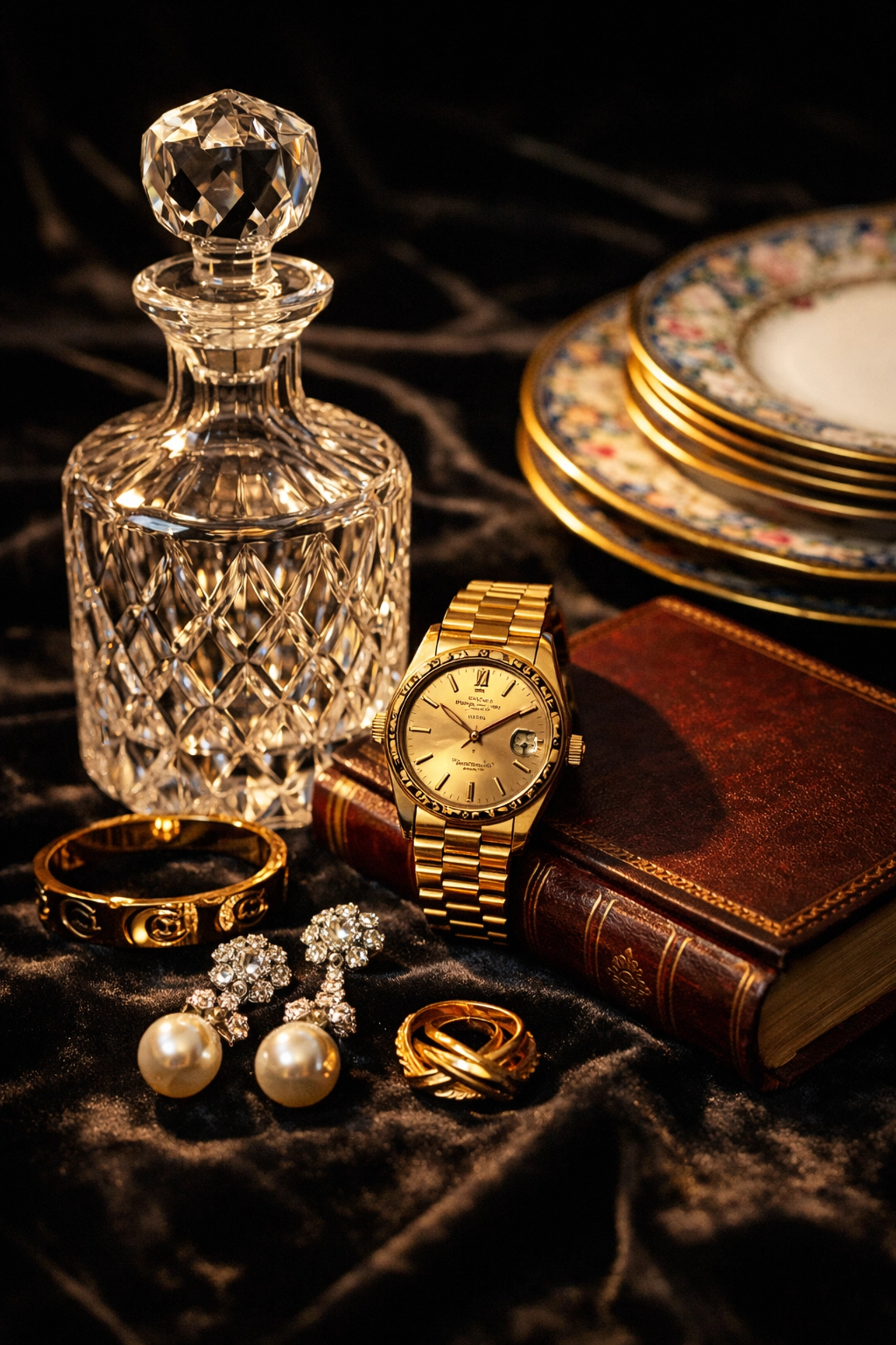 Luxury estate sale items including Waterford crystal, jewelry, and fine china for Dublin auction