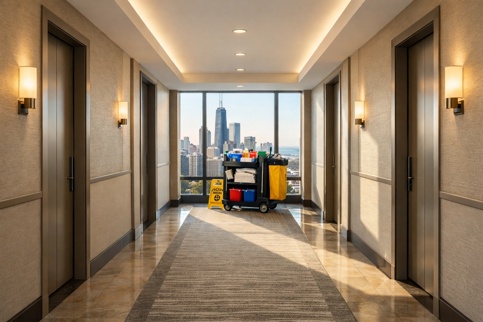 An organized janitorial cart in a Chicago high-rise corridor representing reliable property maintenance.