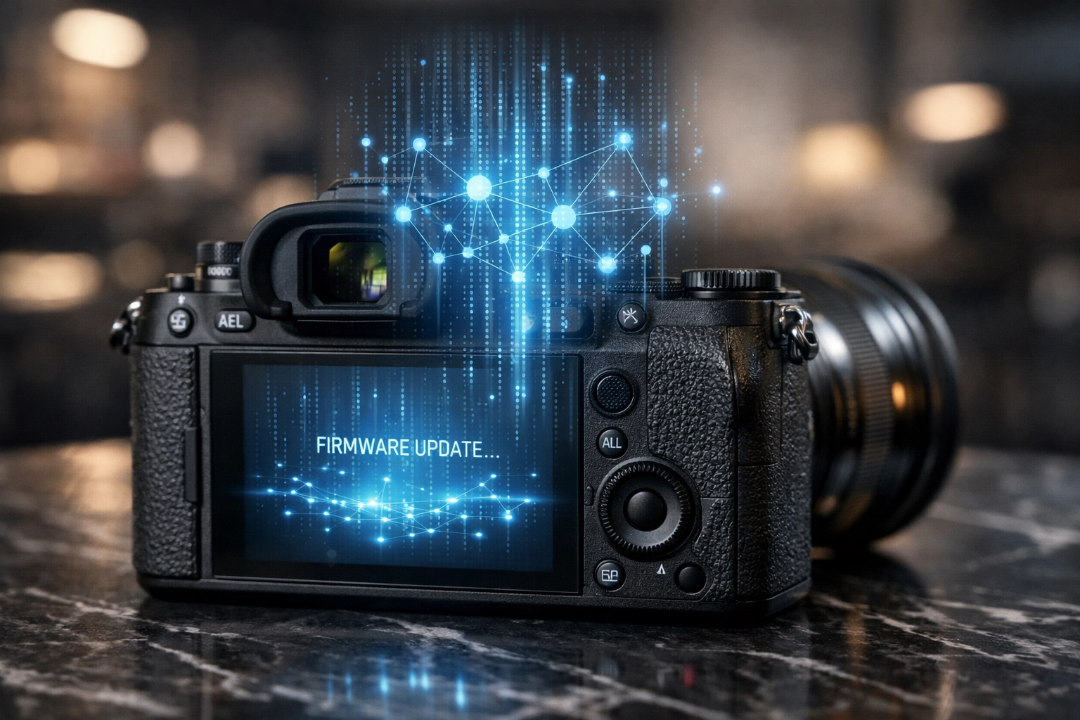 Professional camera receiving an AI firmware update, illustrating trends in AI-driven photography news and tutorials.