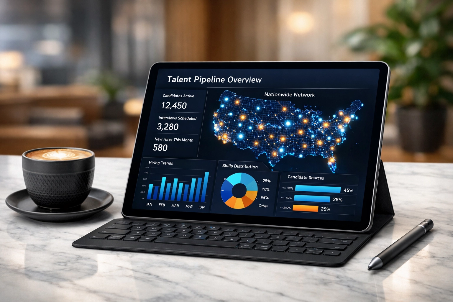 Executive workspace showing a data-driven talent pipeline dashboard for strategic workforce planning.