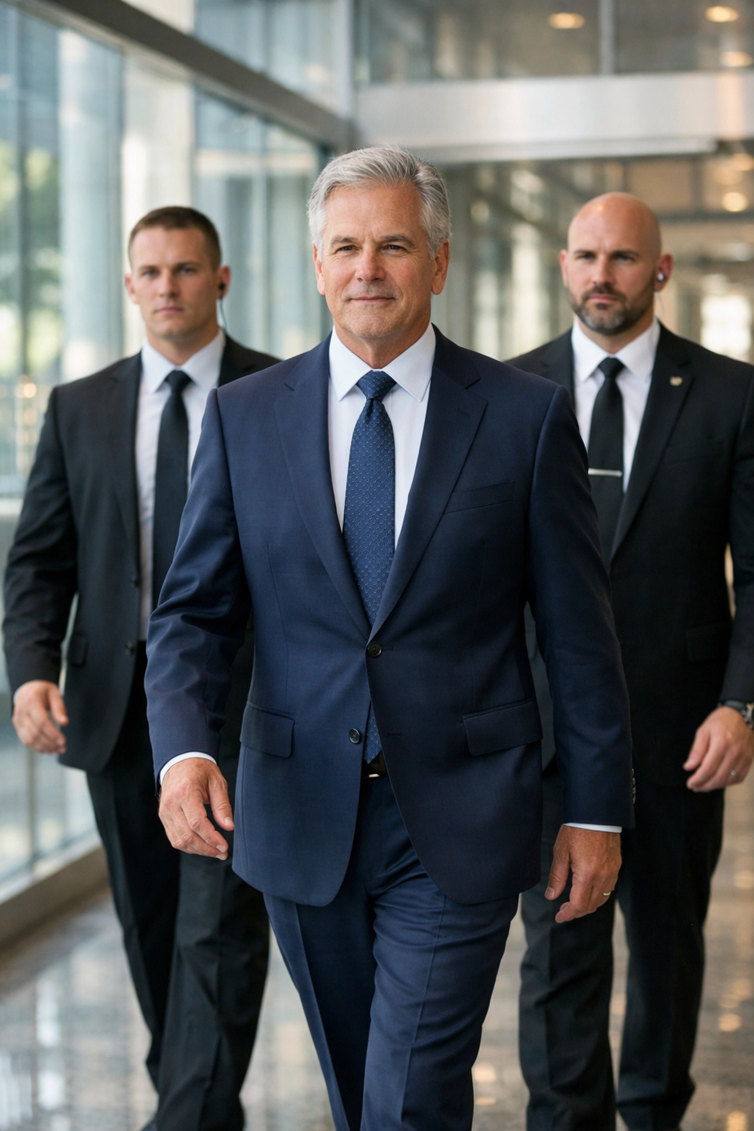Professional executive protection and VIP security team escorting a corporate leader.