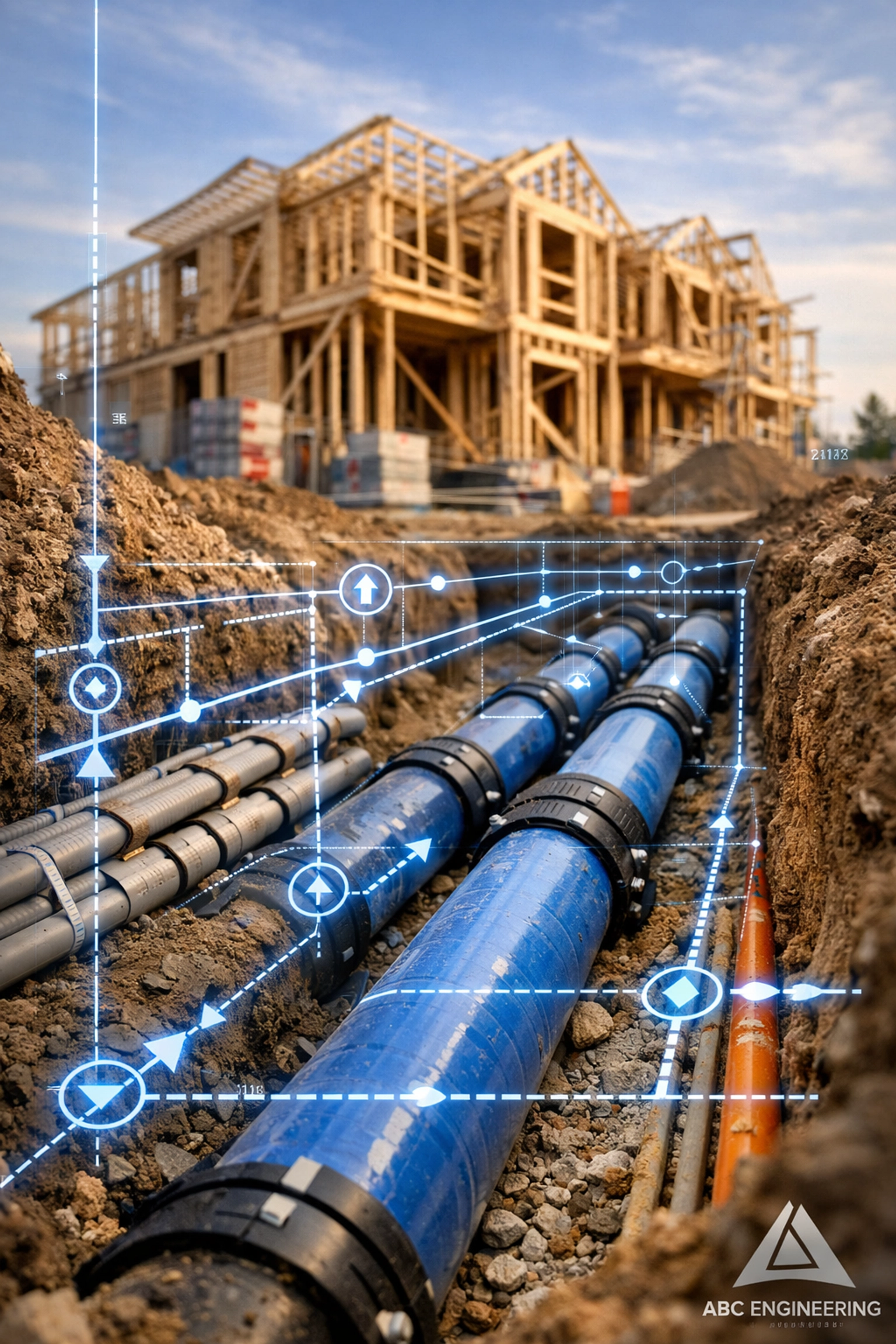 Installation of high-capacity water pipes and utility conduits for a 5-plex housing project in Ontario.