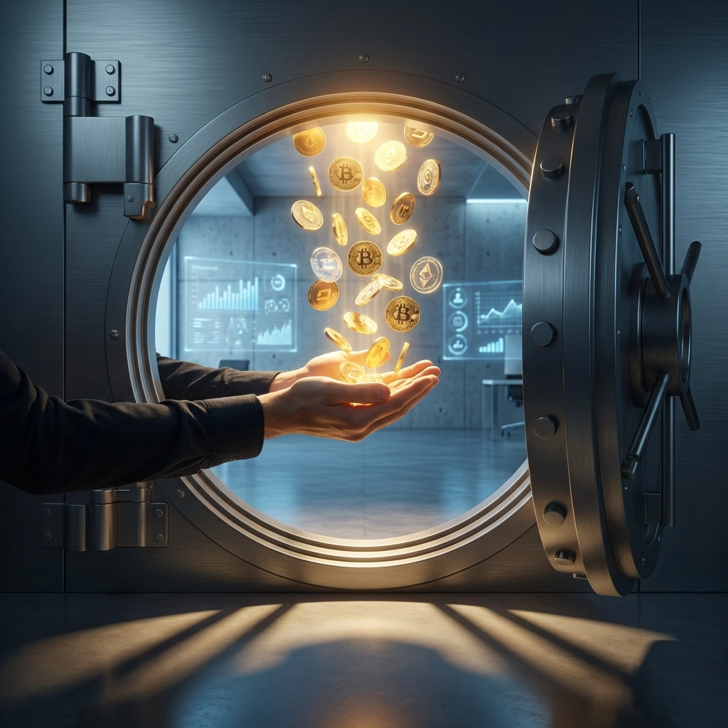 Streams of cryptocurrency flow from a digital vault into a merchant’s hands, representing self-custody and financial freedom with Larecoin.