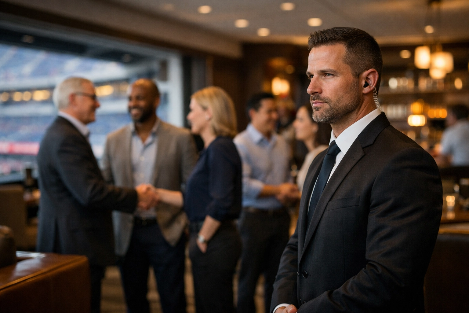 Executive protection specialist guarding a high-stakes corporate networking event in a VIP stadium lounge.
