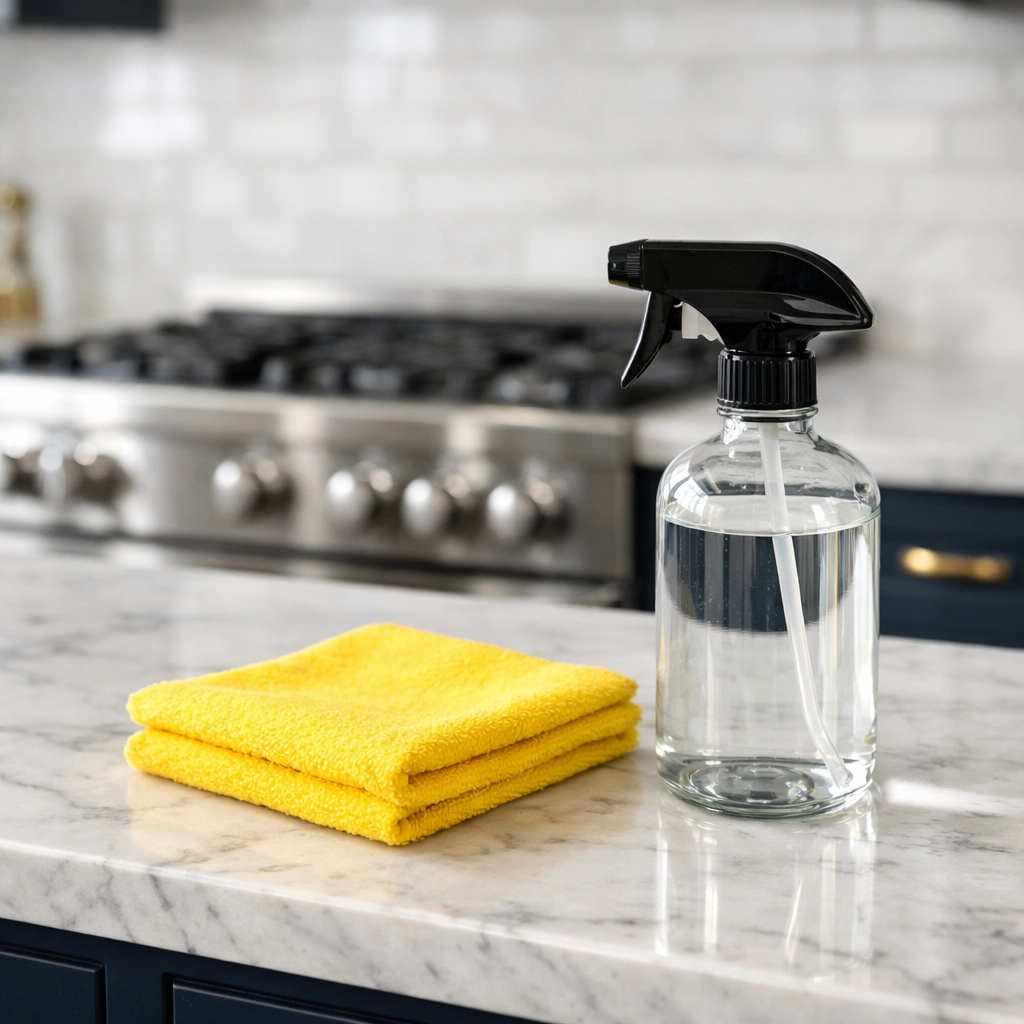 Professional cleaning supplies on a kitchen counter to make daily house cleaning easier.