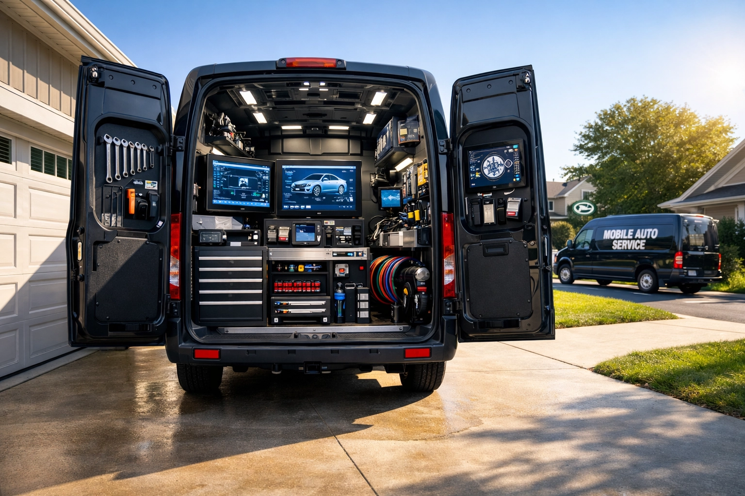 A professional mobile auto service van with high-tech tools performing onsite car repair in a Green Bay driveway.