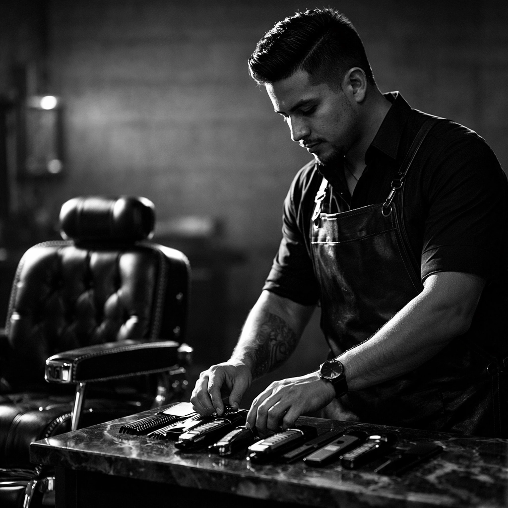 Licensed independent contractor barber in Ohio organizing professional tools in a modern shop.