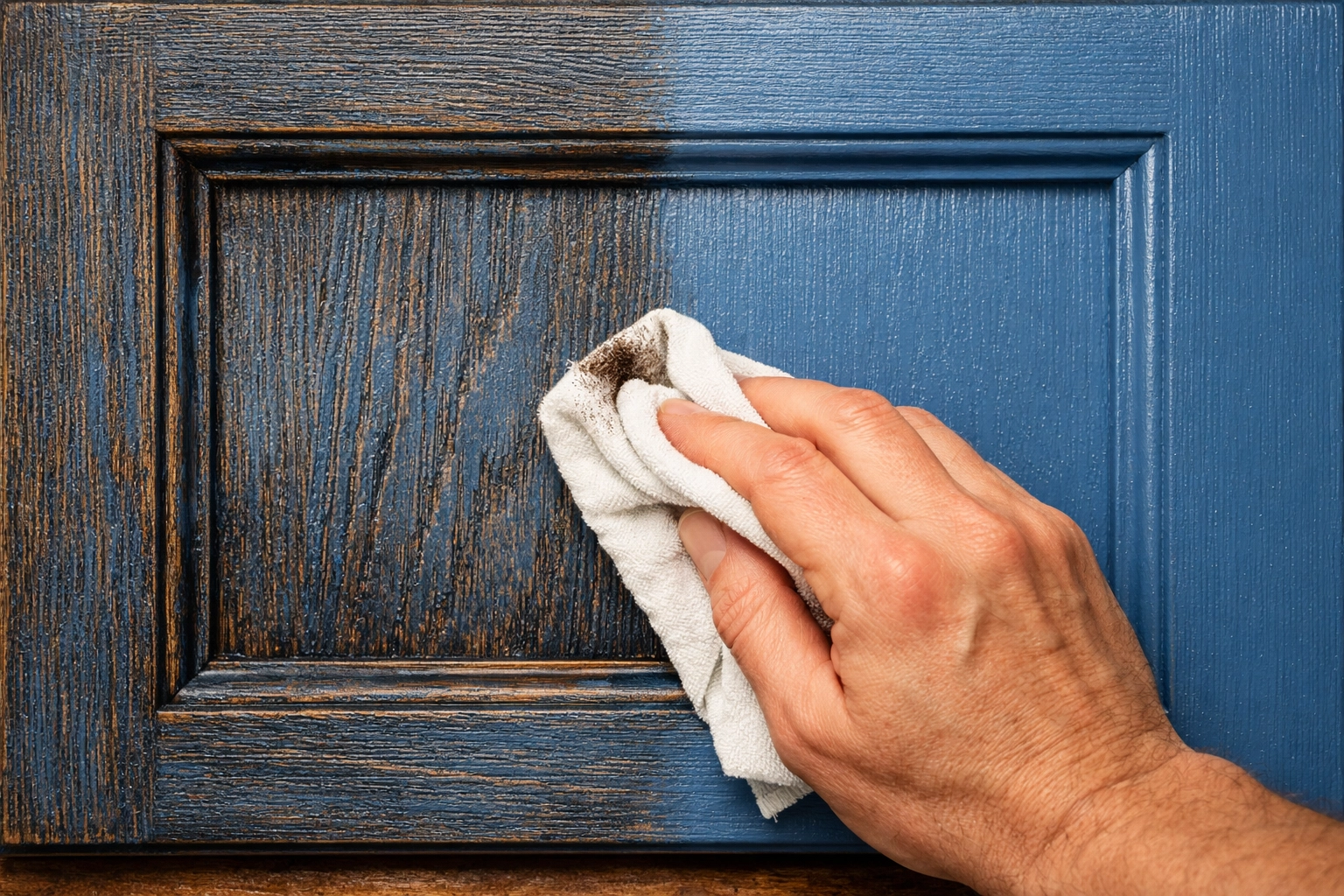 Wiping dark espresso wax from a textured cabinet door to create a professional weathered furniture look.