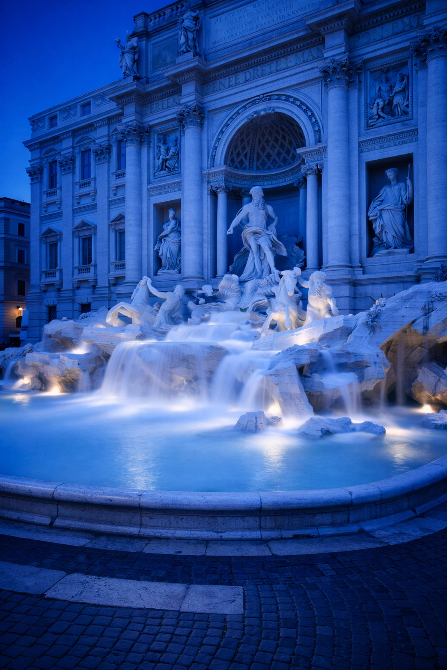 Long exposure of Trevi Fountain in Rome, demonstrating travel photography tips for capturing motion.