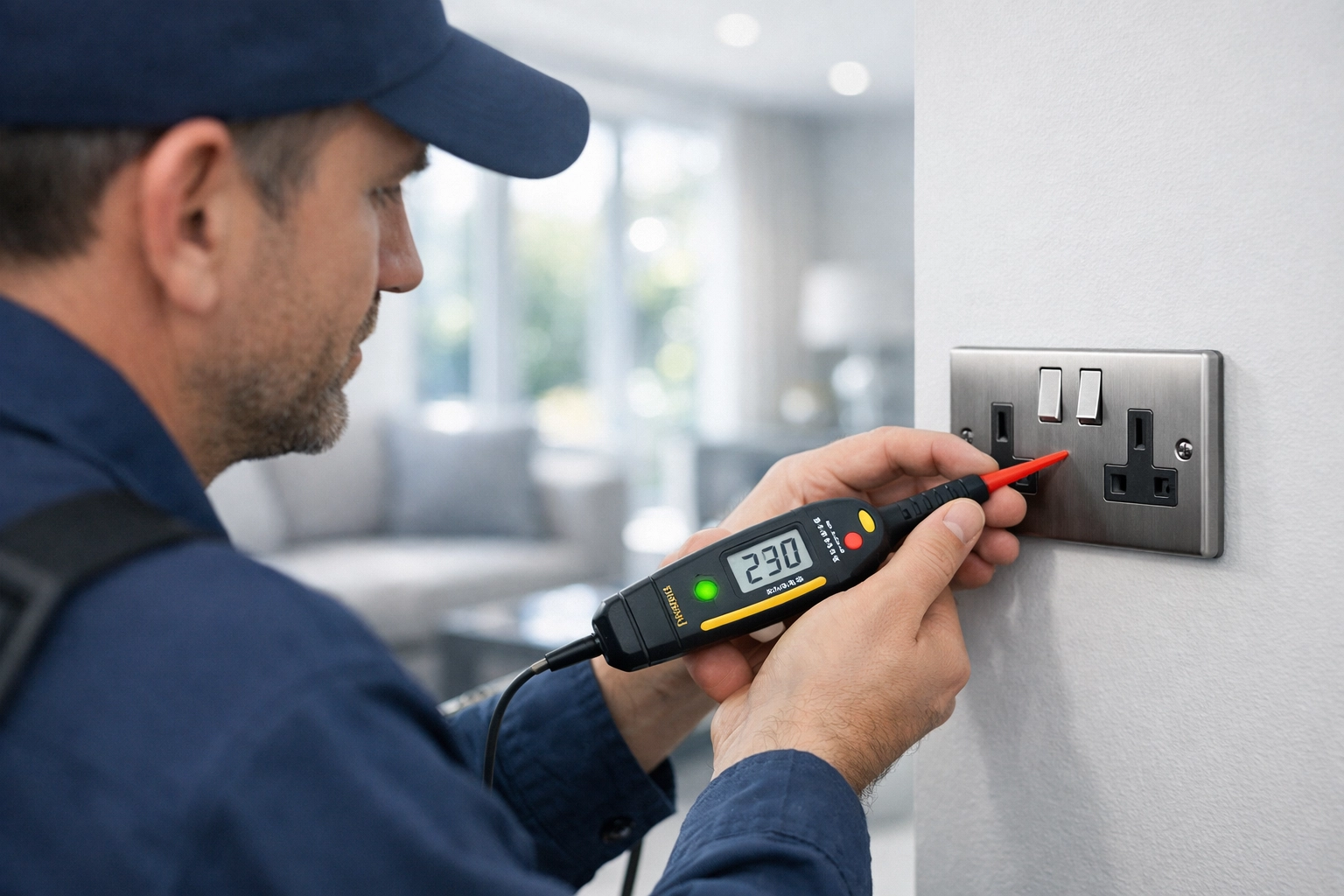 Professional electrician in Dorset performing a safety inspection on a wall socket using a digital voltage tester.