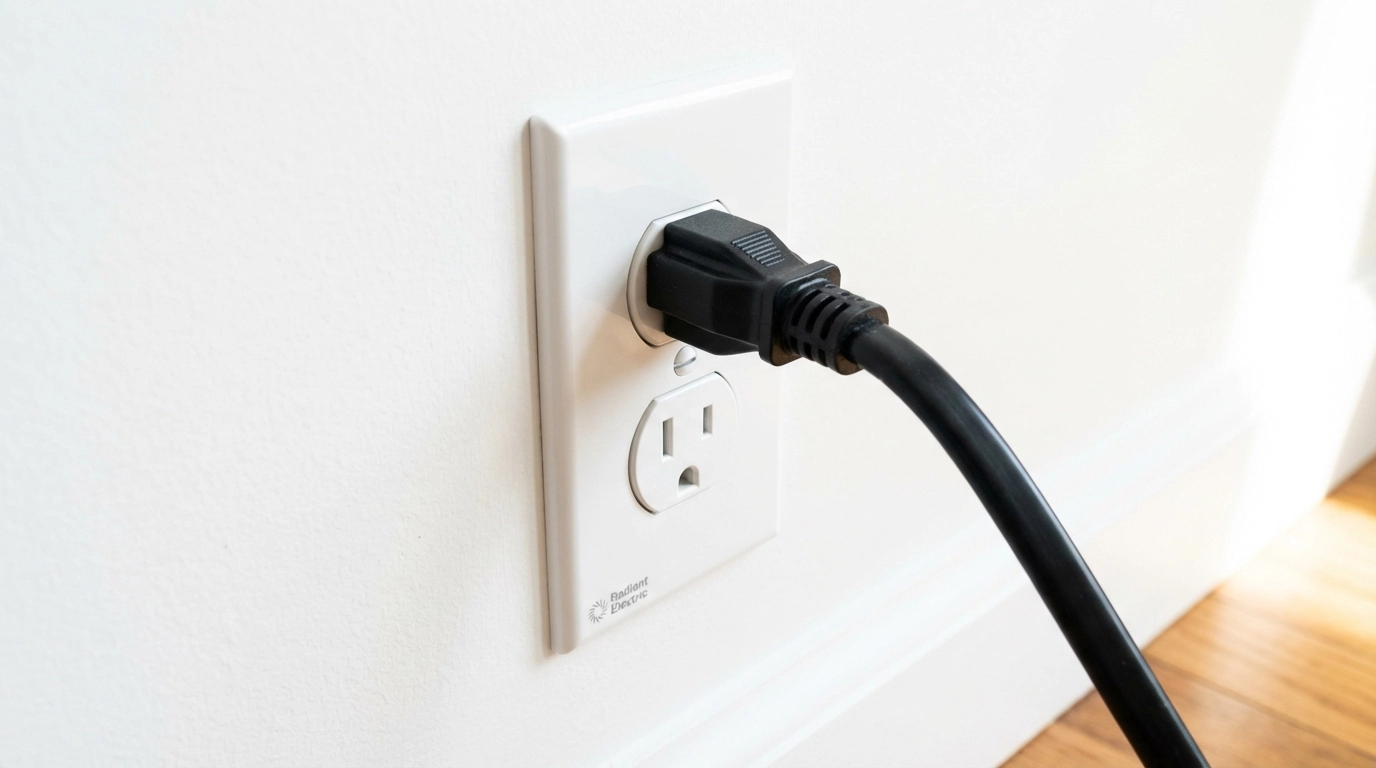 Wall outlet with a space heater plugged in safely, illustrating proper electrical safety tips for winter storms in Atlanta homes.