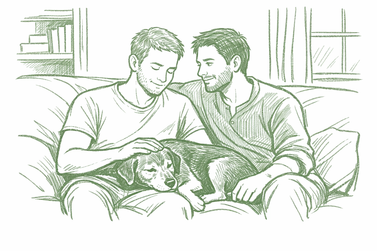 Gay couple at home with their adopted senior rescue dog