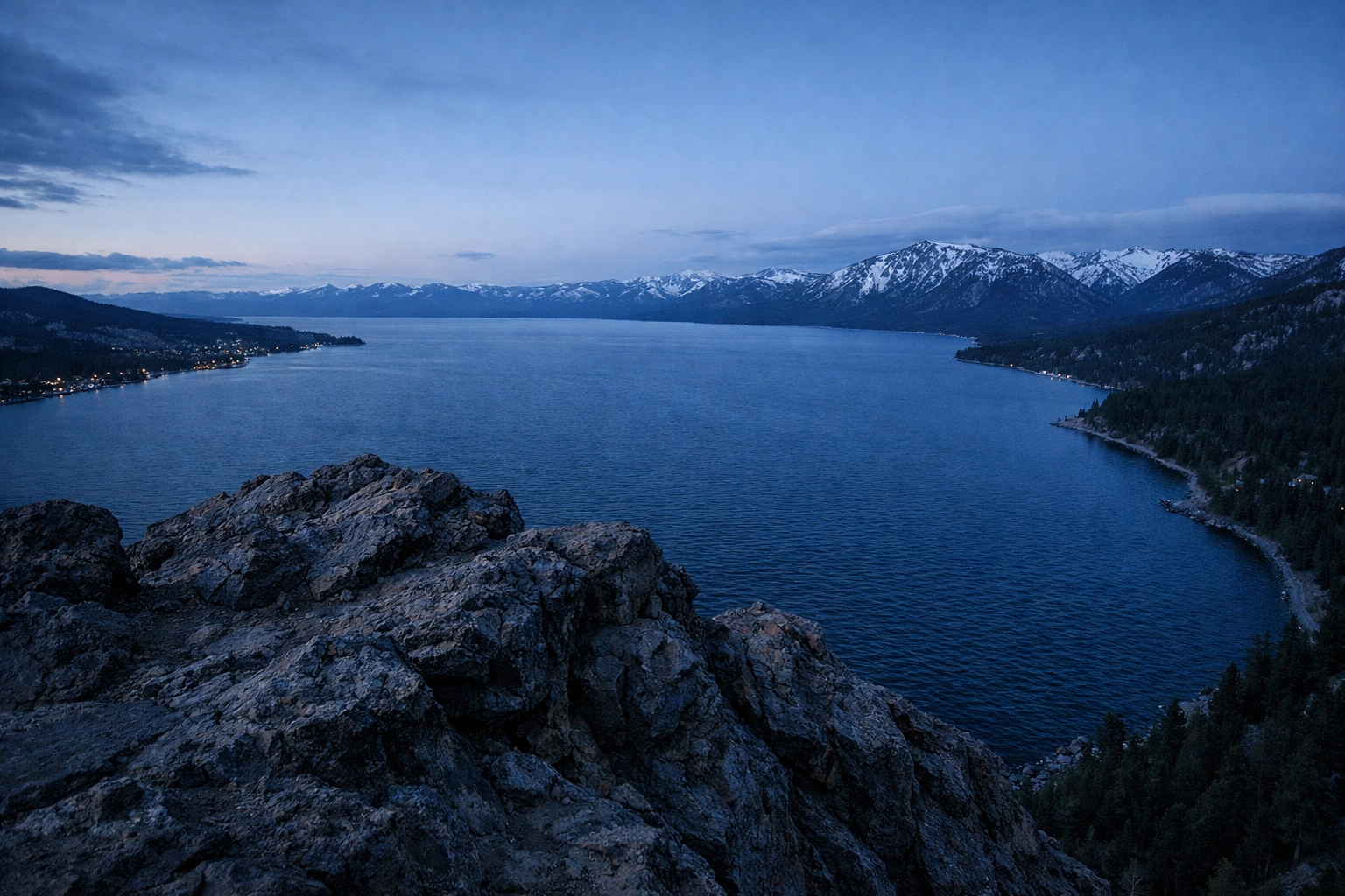 Sunset overlook from Cave Rock summit, a top Lake Tahoe photography location with mountain views.