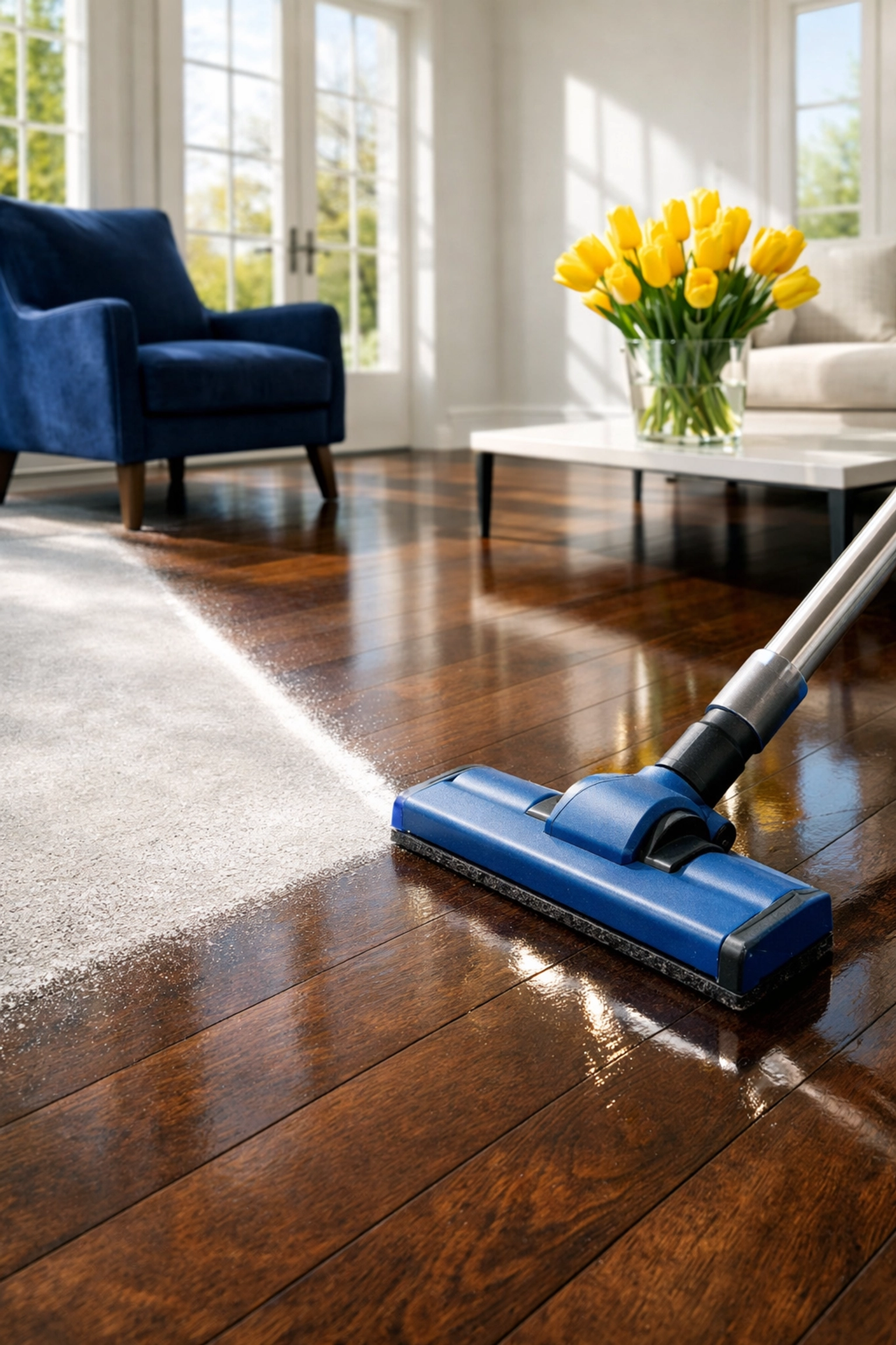 Professional post construction cleaning in Hopkinton removing fine dust from dark hardwood floors.