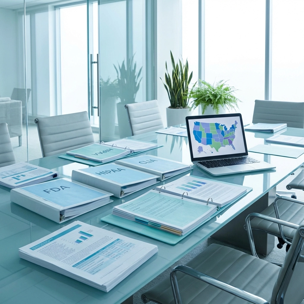 Medical office conference room with regulatory binders and a US map for ASC compliance management