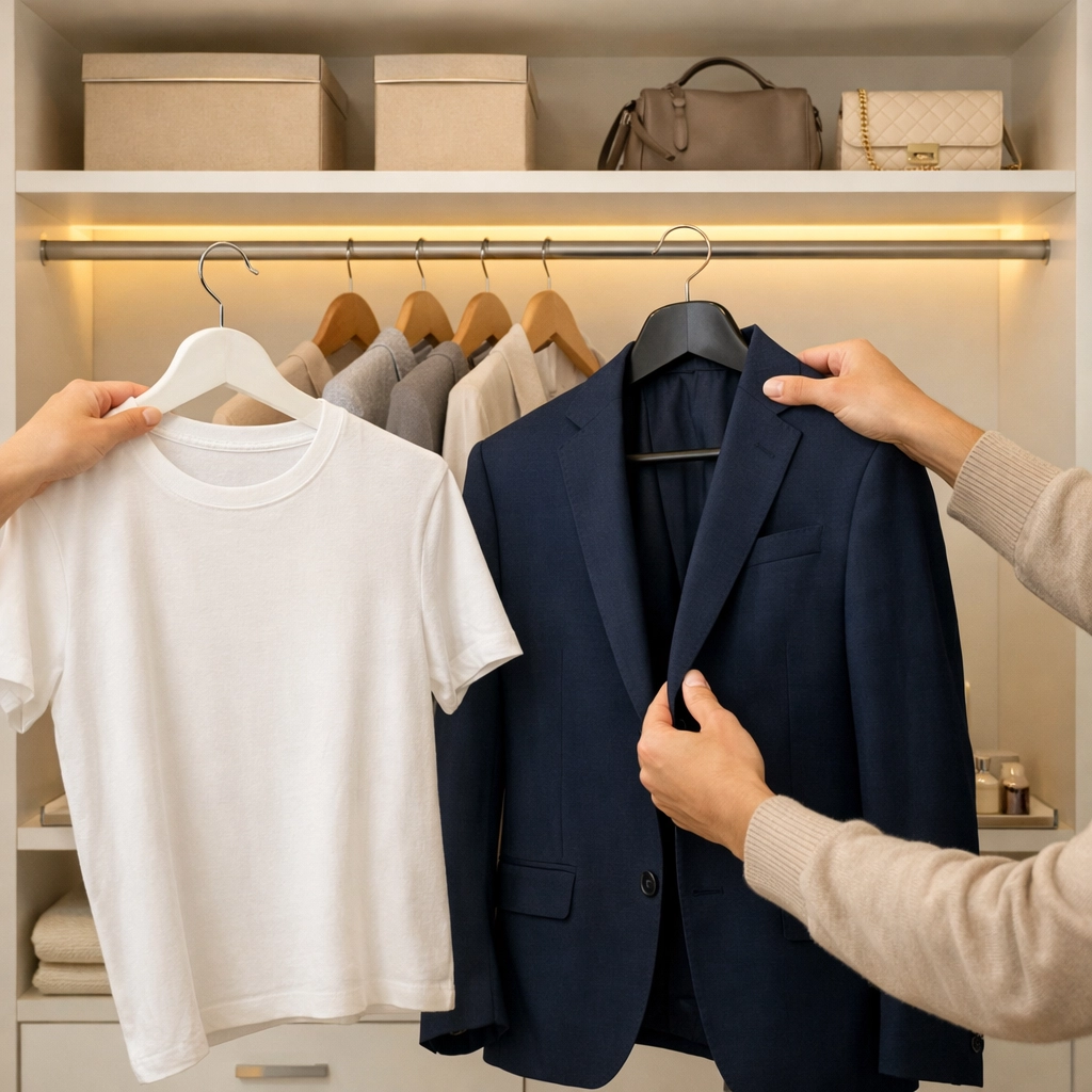 Organizing clothes using the one in one out rule in a minimalist, high-end residential closet.