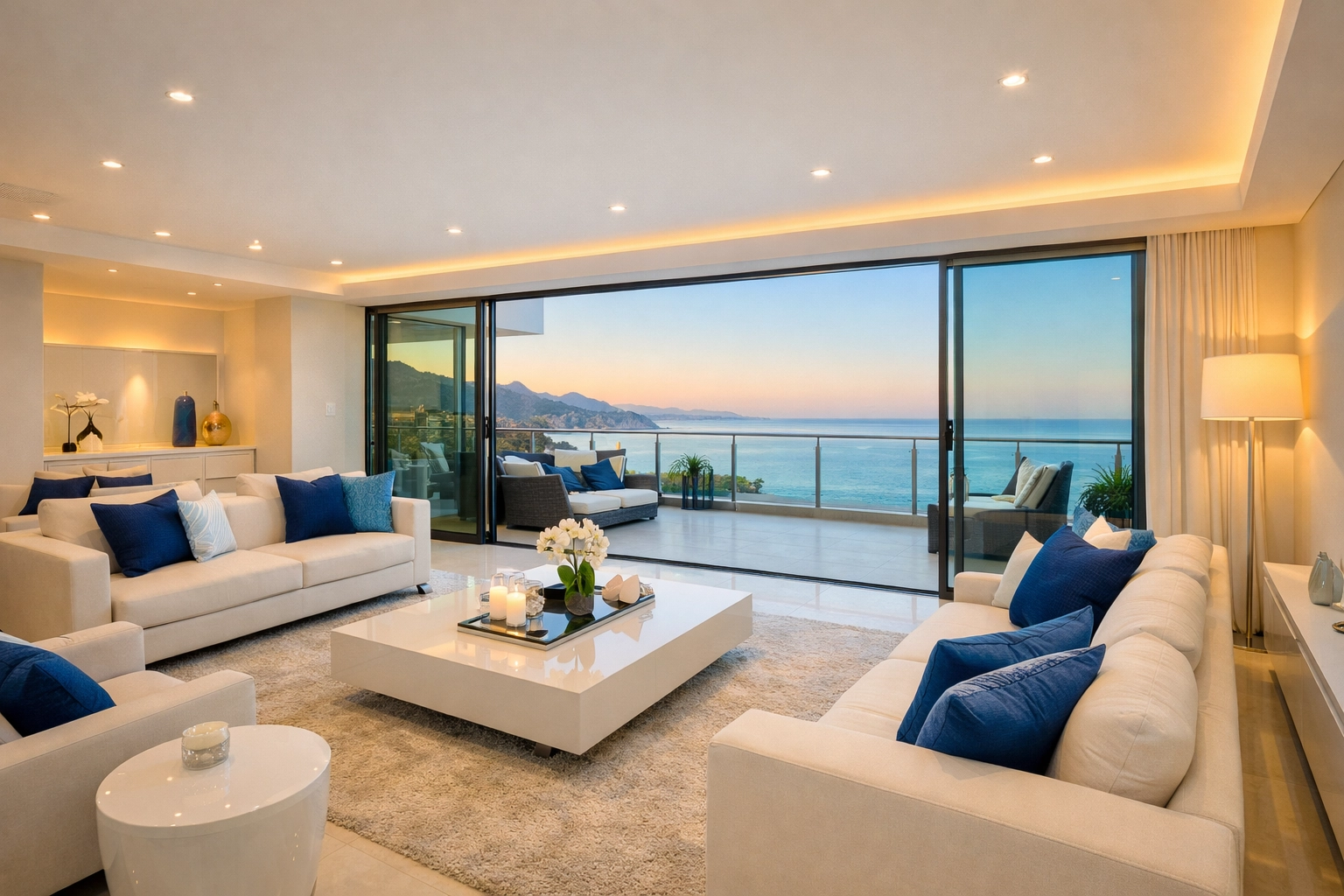 Impeccably clean luxury living room following a professional post-construction cleaning service.