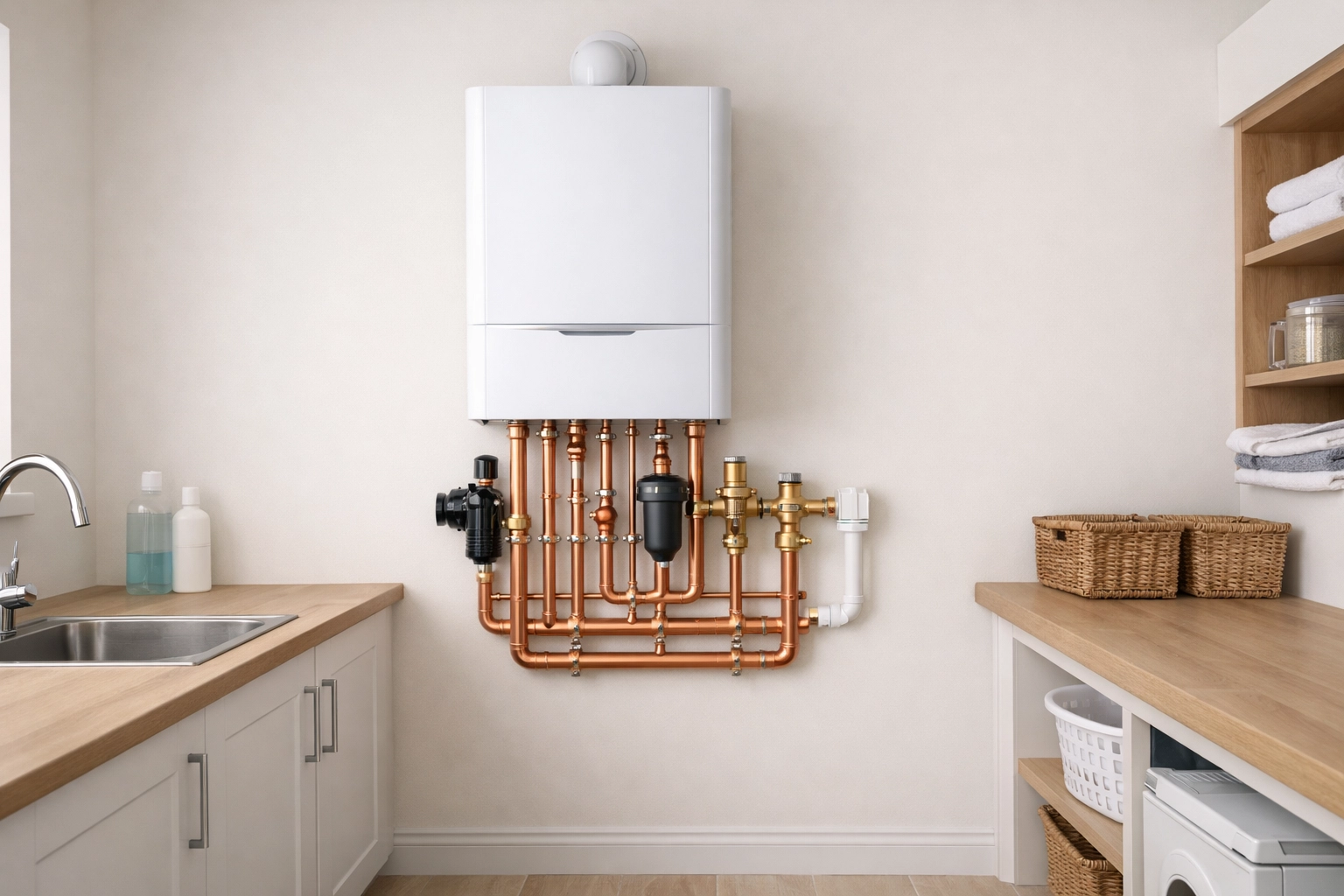 Professional boiler installation in Northamptonshire with tidy copper pipework for an energy efficient heating upgrade.