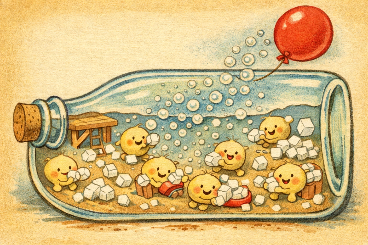Cross-section view of yeast cells consuming sugar and producing carbon dioxide bubbles