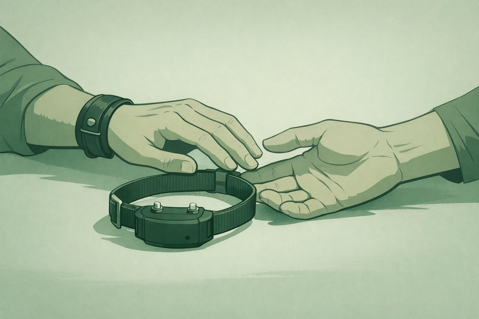 Handler guiding new pup with training collar showing trust in MM pup play relationship