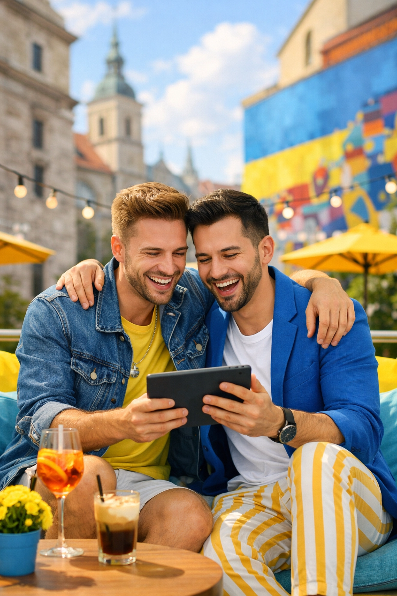 Happy modern gay couple on a city terrace in Eastern Europe, celebrating contemporary queer life and resilient love.
