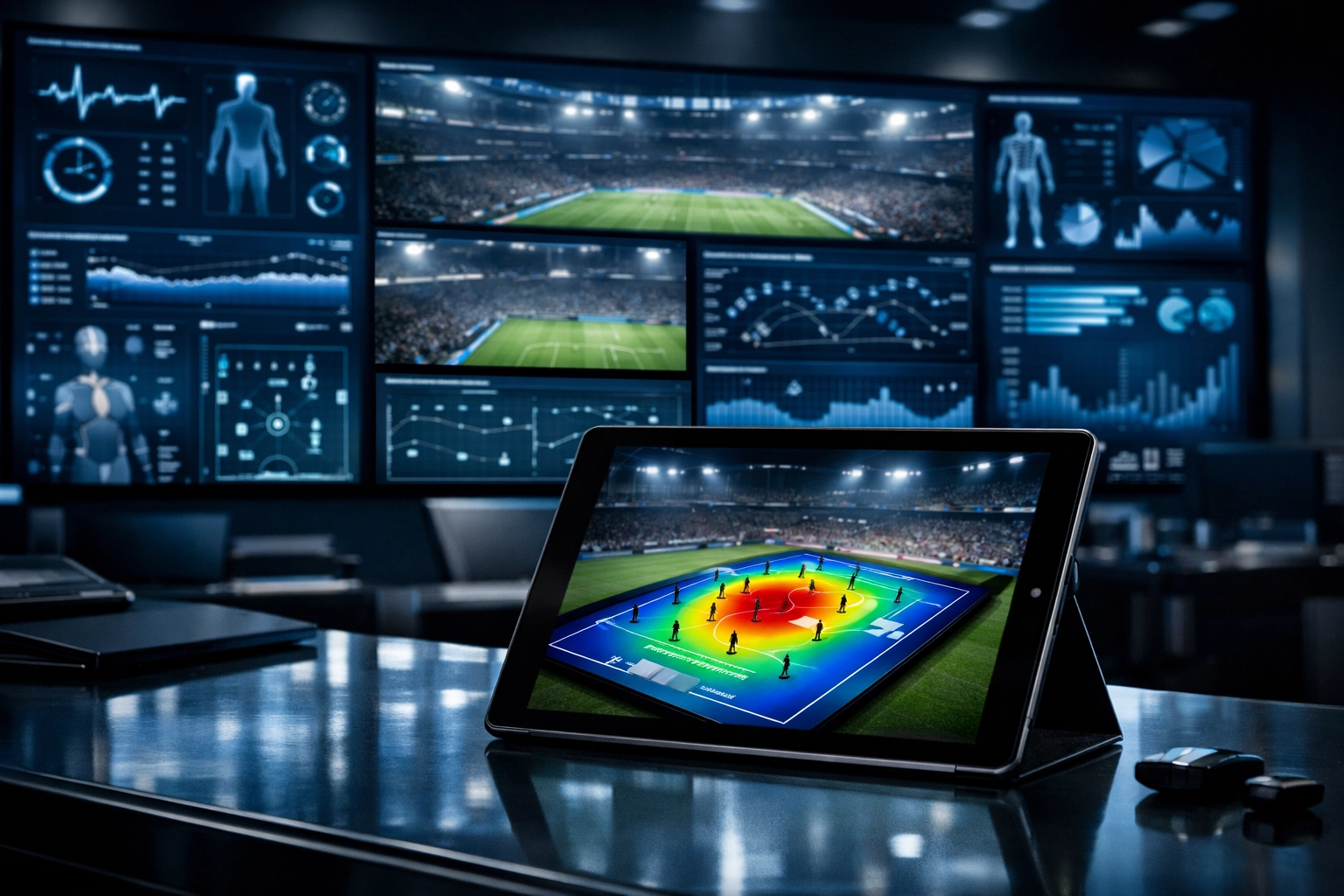Professional sports command center displaying real-time data visualizations and AI-driven player analytics.