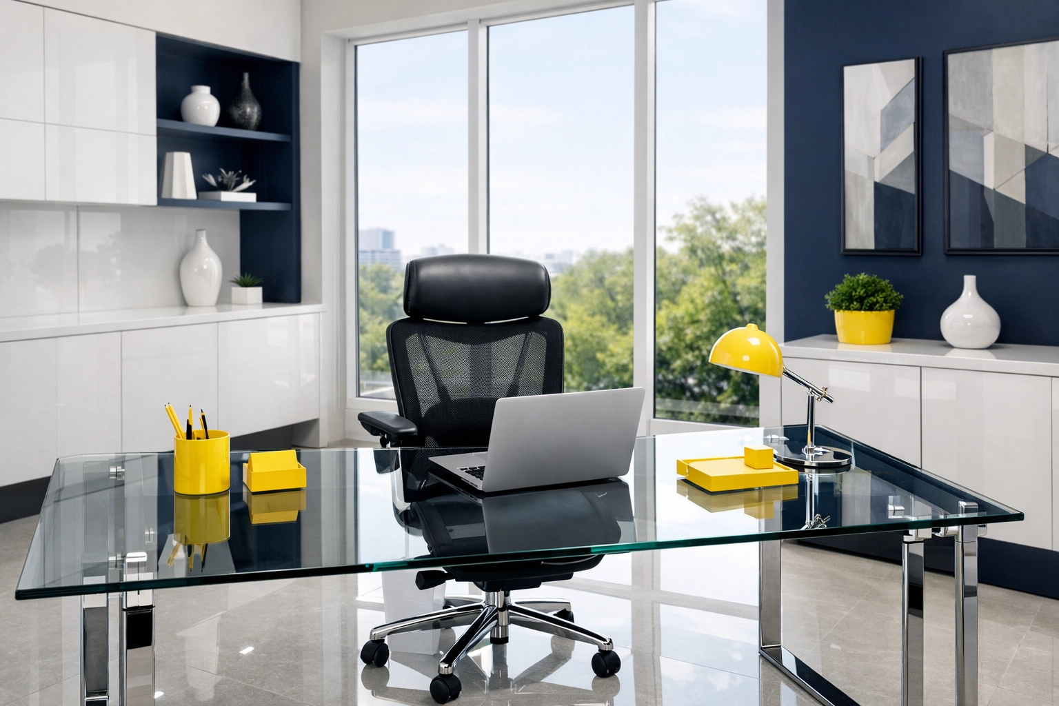 Organized Westford home office with sparkling surfaces after professional post construction cleaning.