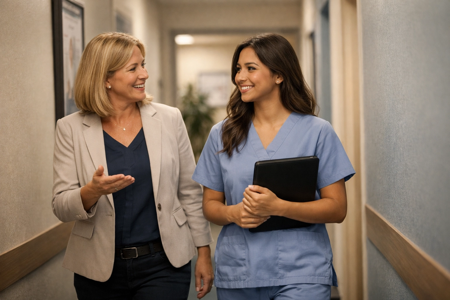 Why Hiring 'The Best' Might Be the Biggest Mistake for Your Practice Practice manager onboarding new hire in medical office hallway