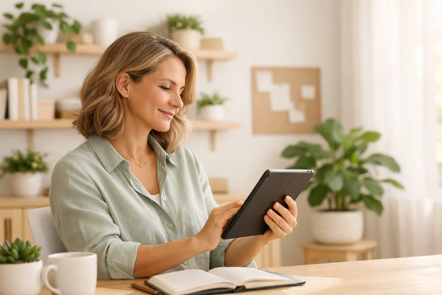 Business owner analyzing financial reports on a tablet to monitor payroll costs, cash flow, and automated tax payments.
