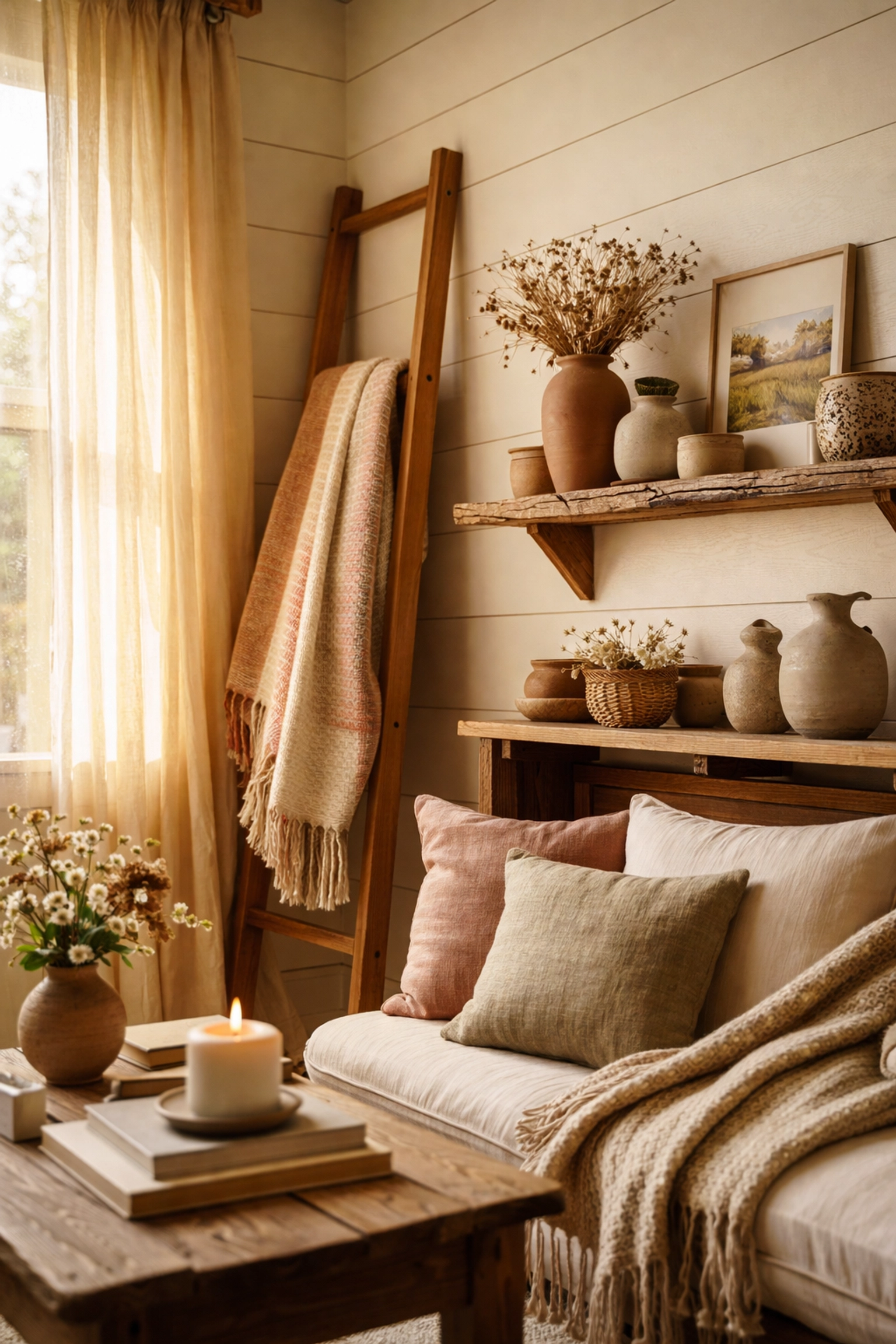 Cozy living room vignette featuring unique artisan home decor, adding personal meaning and warmth.