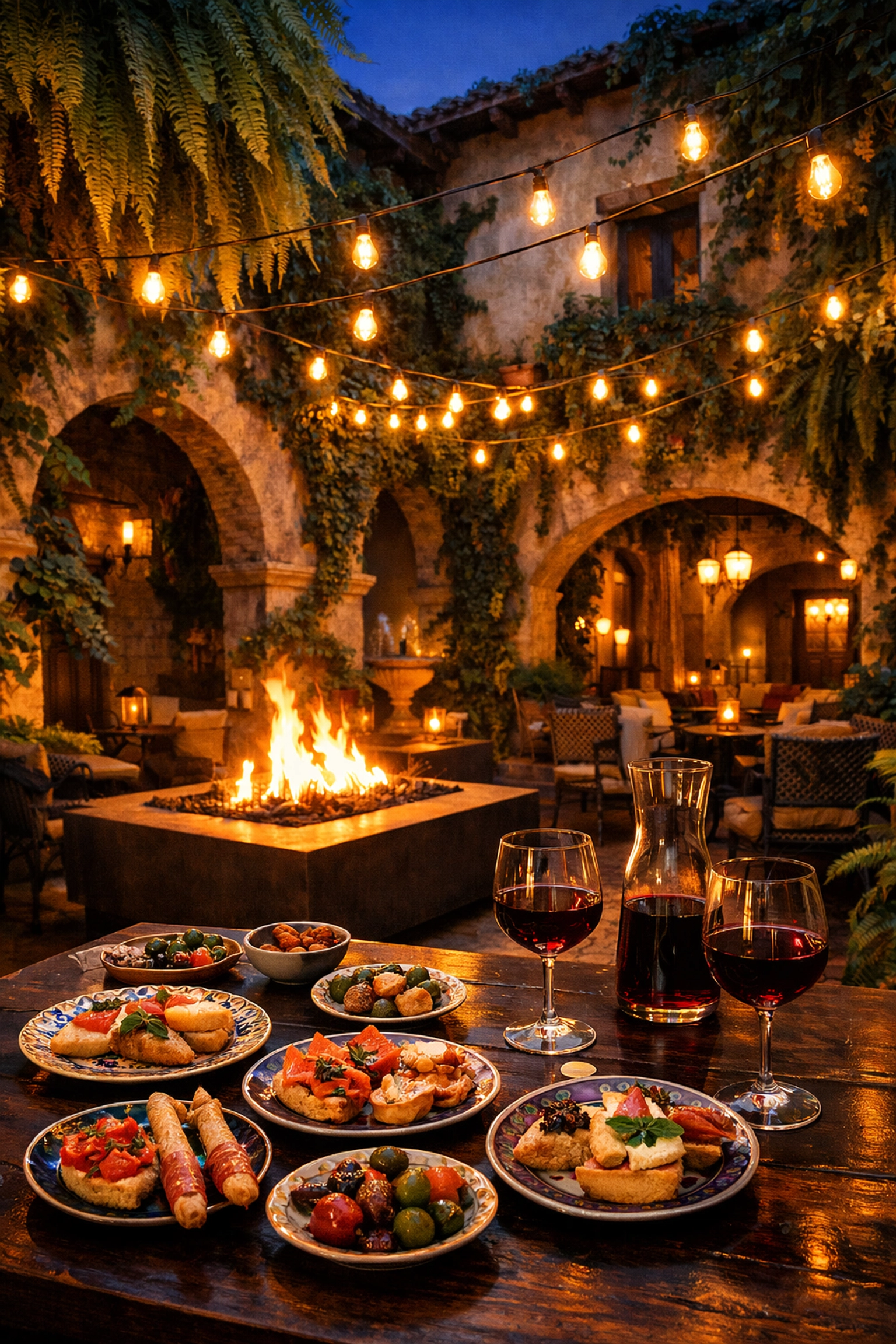 Mediterranean courtyard patio with hanging plants and small plates, showcasing a successful restaurant vibe.