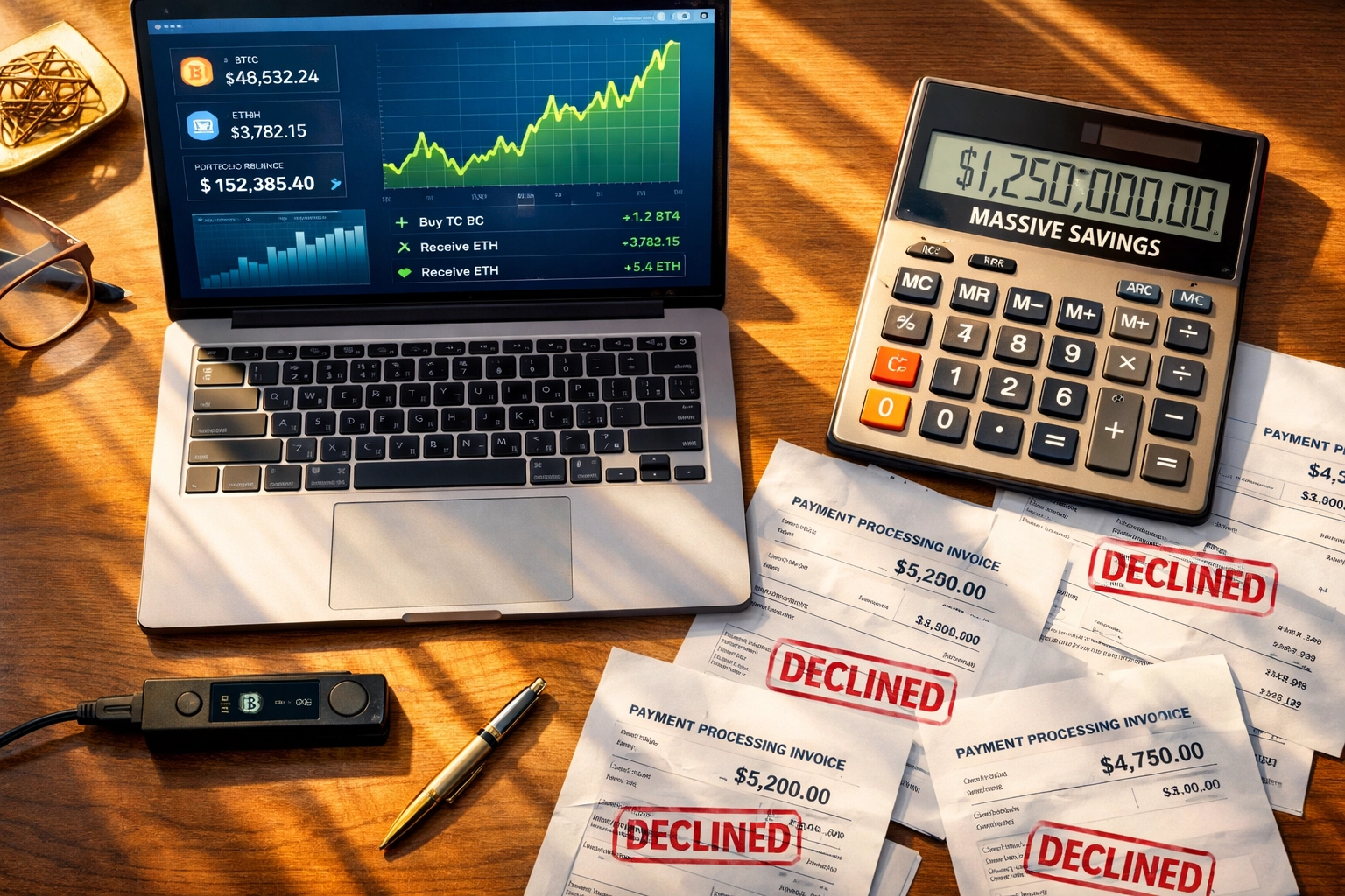 Merchant workspace showing crypto payment savings with hardware wallet and fee calculations