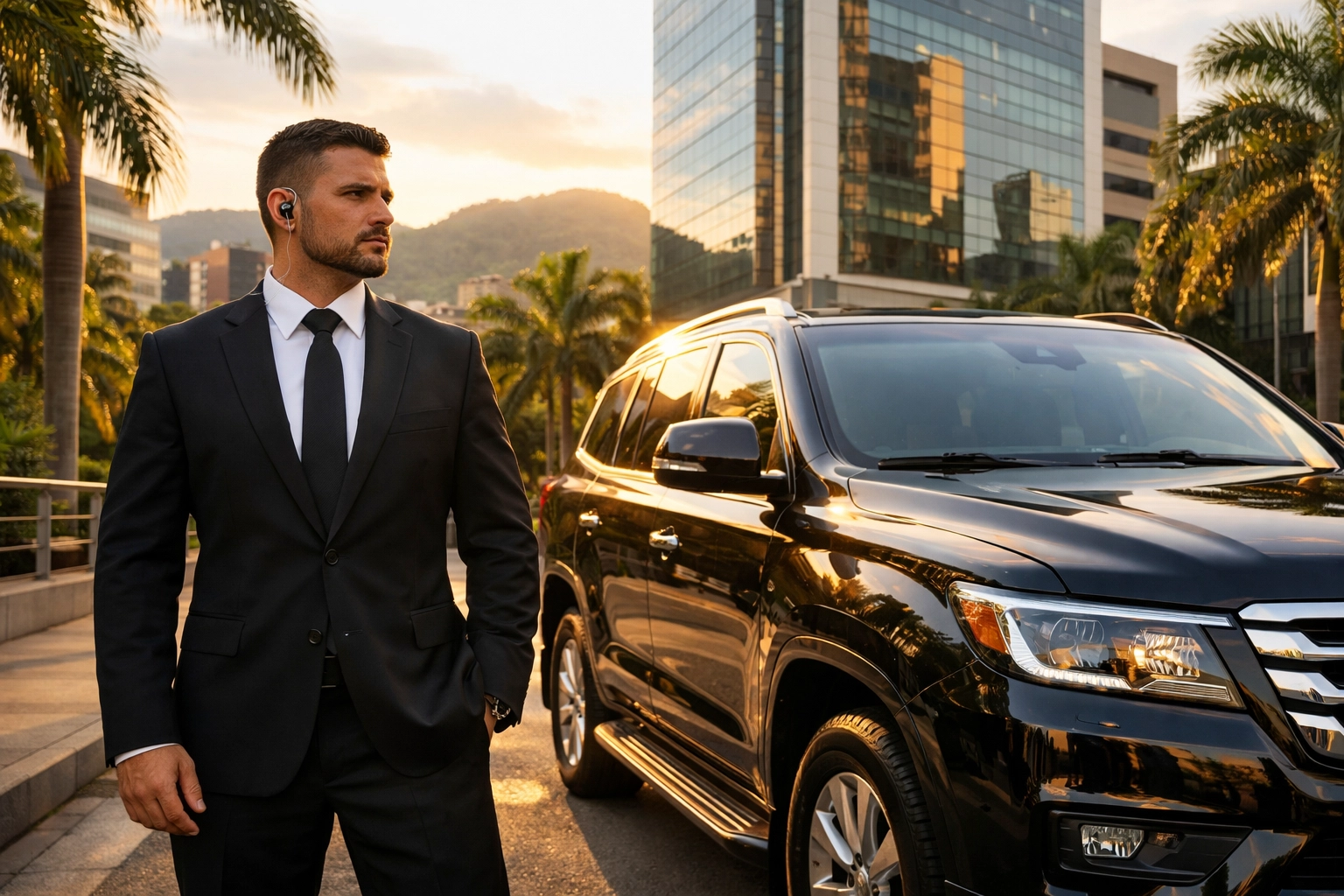 Professional executive protection agent standing by a luxury SUV on a modern street in El Poblado, Medellin.