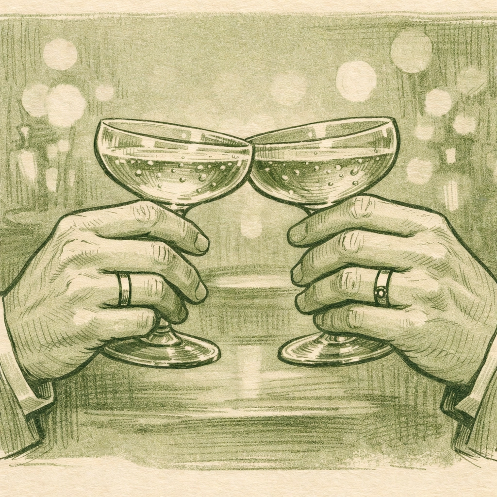 Gay married couple toasting with champagne glasses celebrating LGBTQ+ love