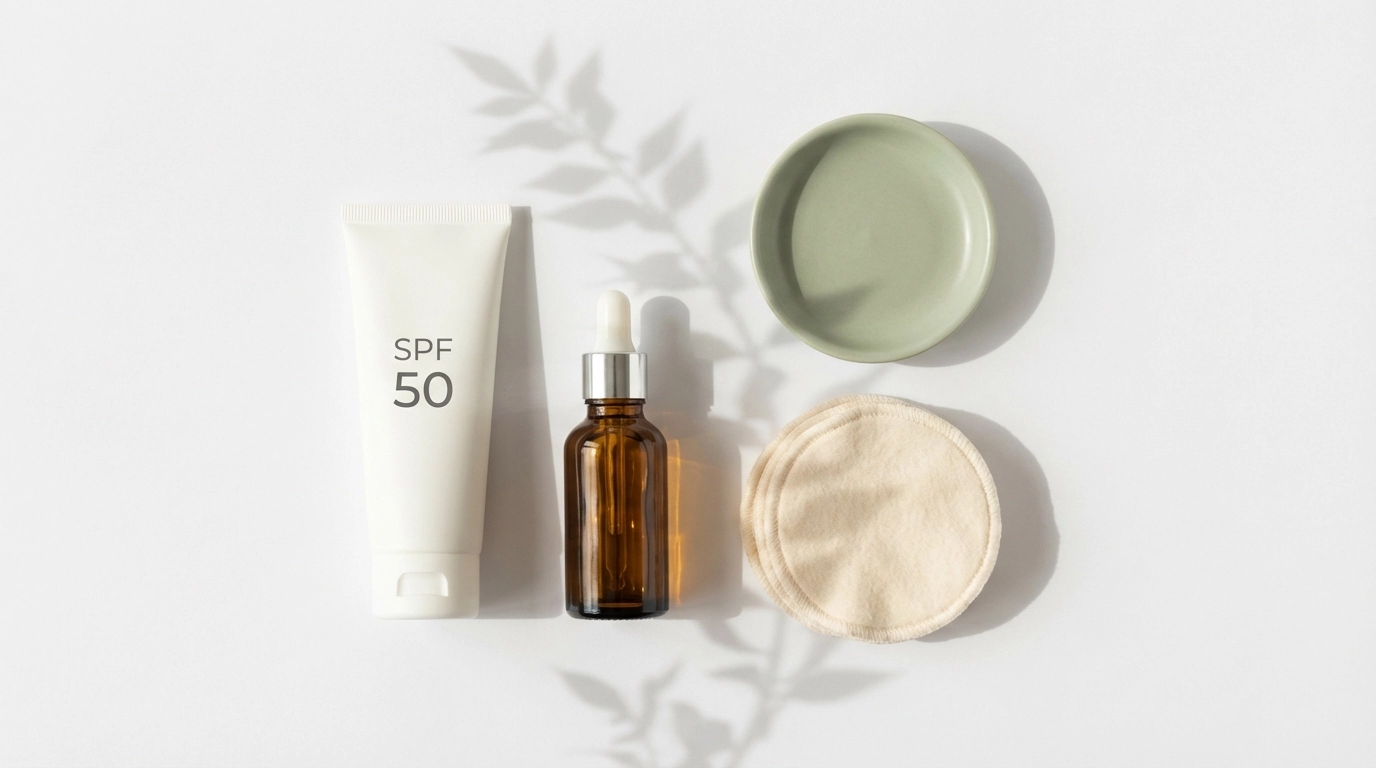 Minimalist skincare flat lay with SPF 50, serum dropper, and cotton rounds in bright natural light.
