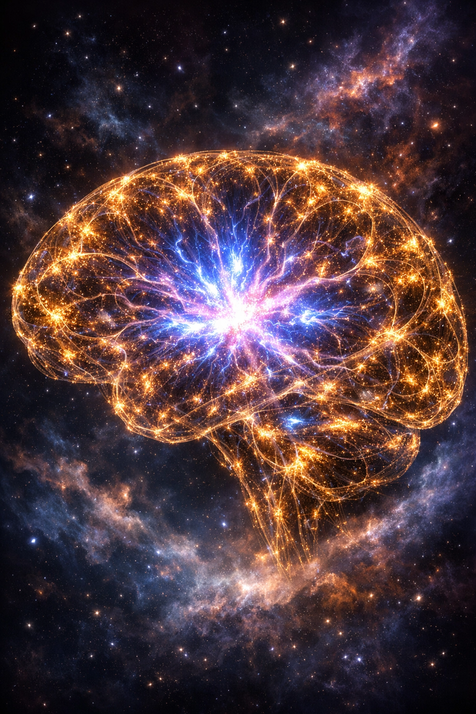 Cosmic brain silhouette with glowing neural paths representing flow state and high-performance neurochemistry.