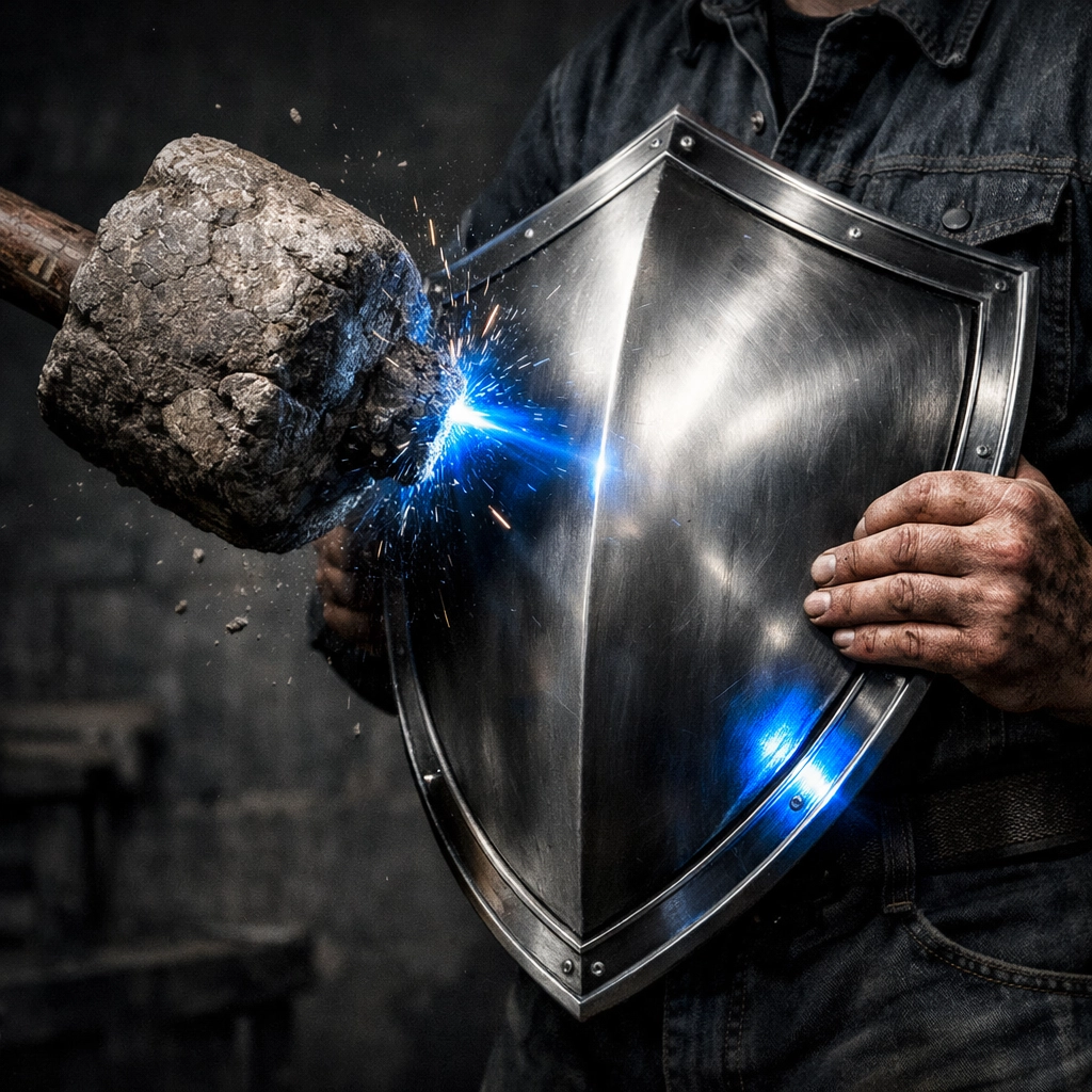A stone mallet striking a tactical shield held by a worker, representing the Hammer of Hammurabi and financial defense.