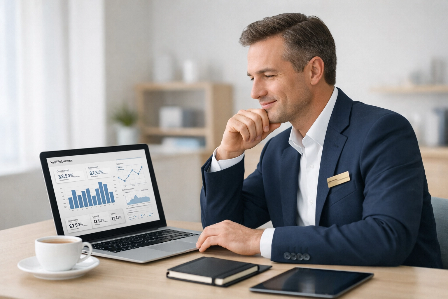 Hotel manager reviewing operational efficiency data on cloud-based PMS platform