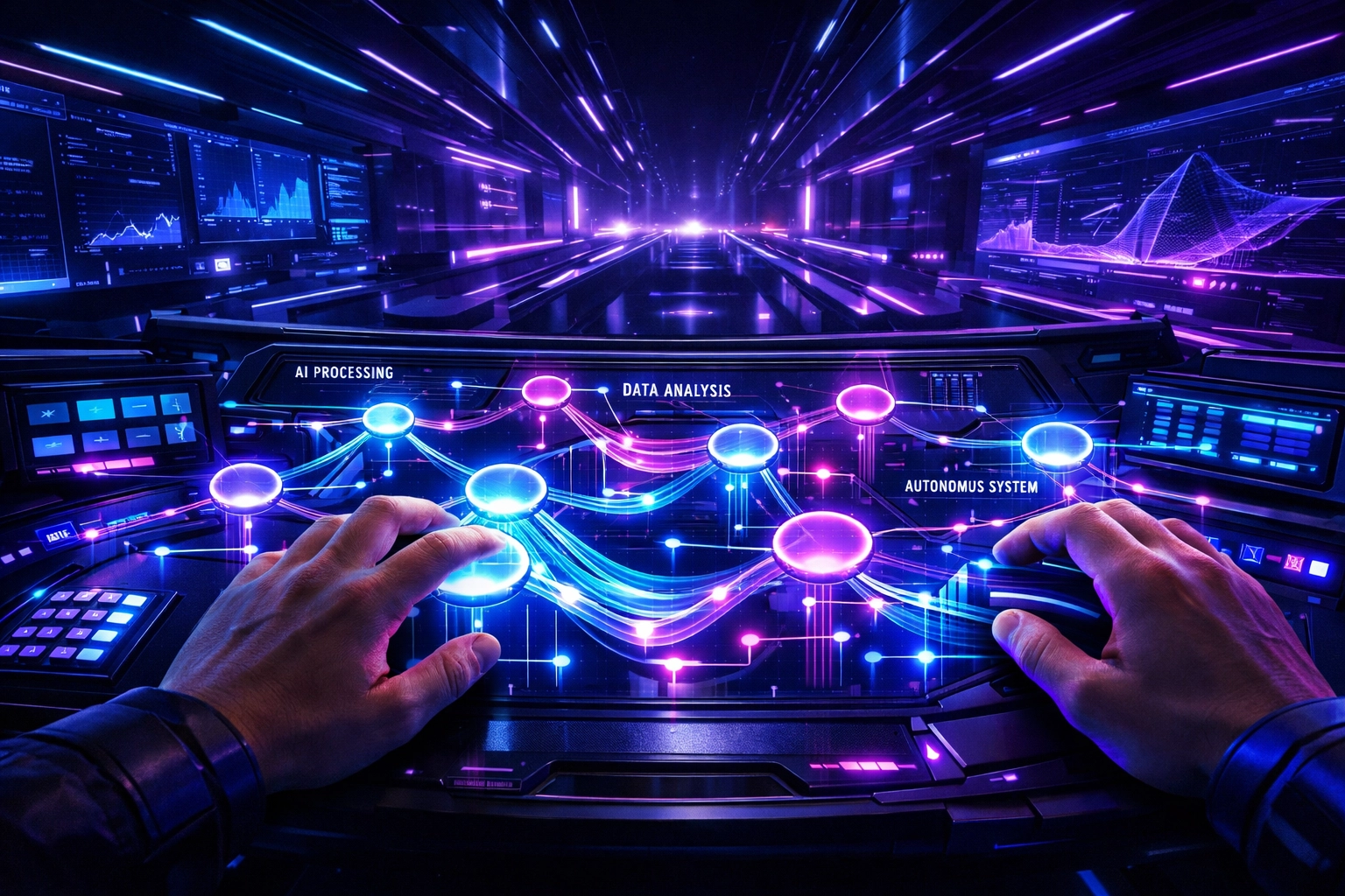 User managing custom AI solutions and autonomous workflows through a futuristic digital interface.