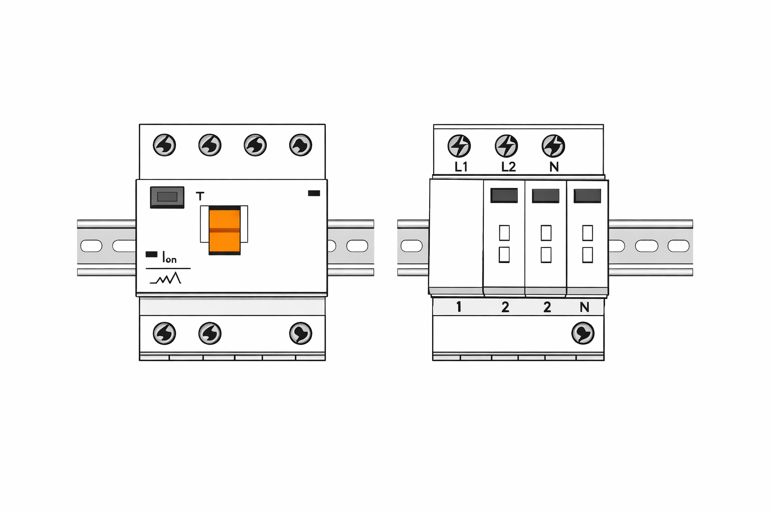 Technische Darstellung von FI-Schutzschalter und Überspannungsschutz gemäß aktueller OVE E 8101 Norm.