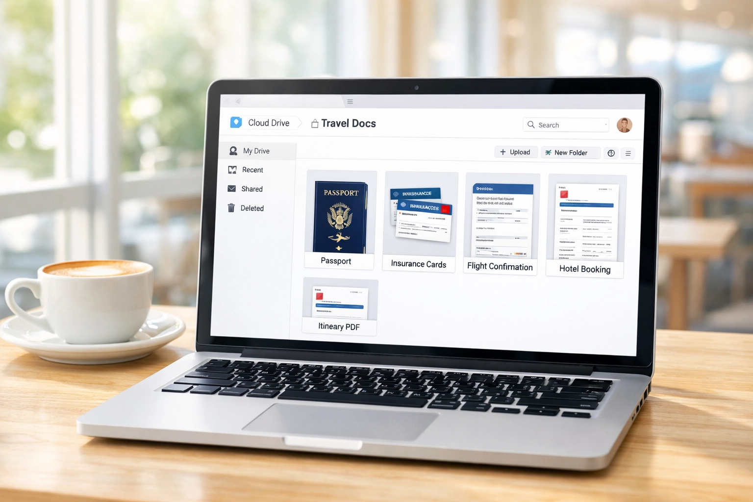 Laptop displaying organized cloud folder with digital copies of passport and travel documents